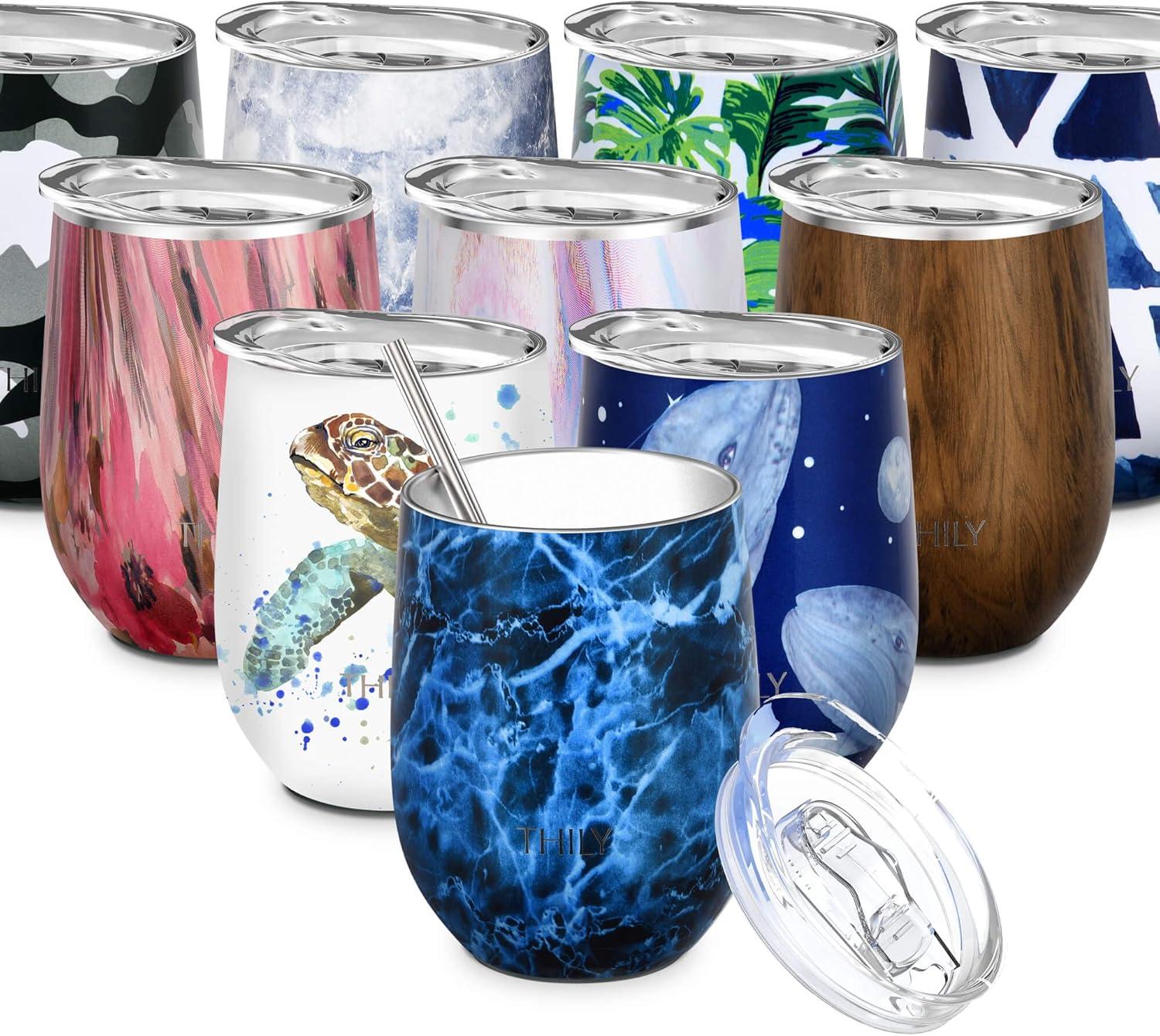 Wine Tumbler Vacuum Insulated Stemless - THILY 12 oz Triple-Insulated Stainless Steel Wine Glass with Lid and Straw, Cute Travel Cup Keep Cold or Hot for Coffee, Cocktails, Wood Grain