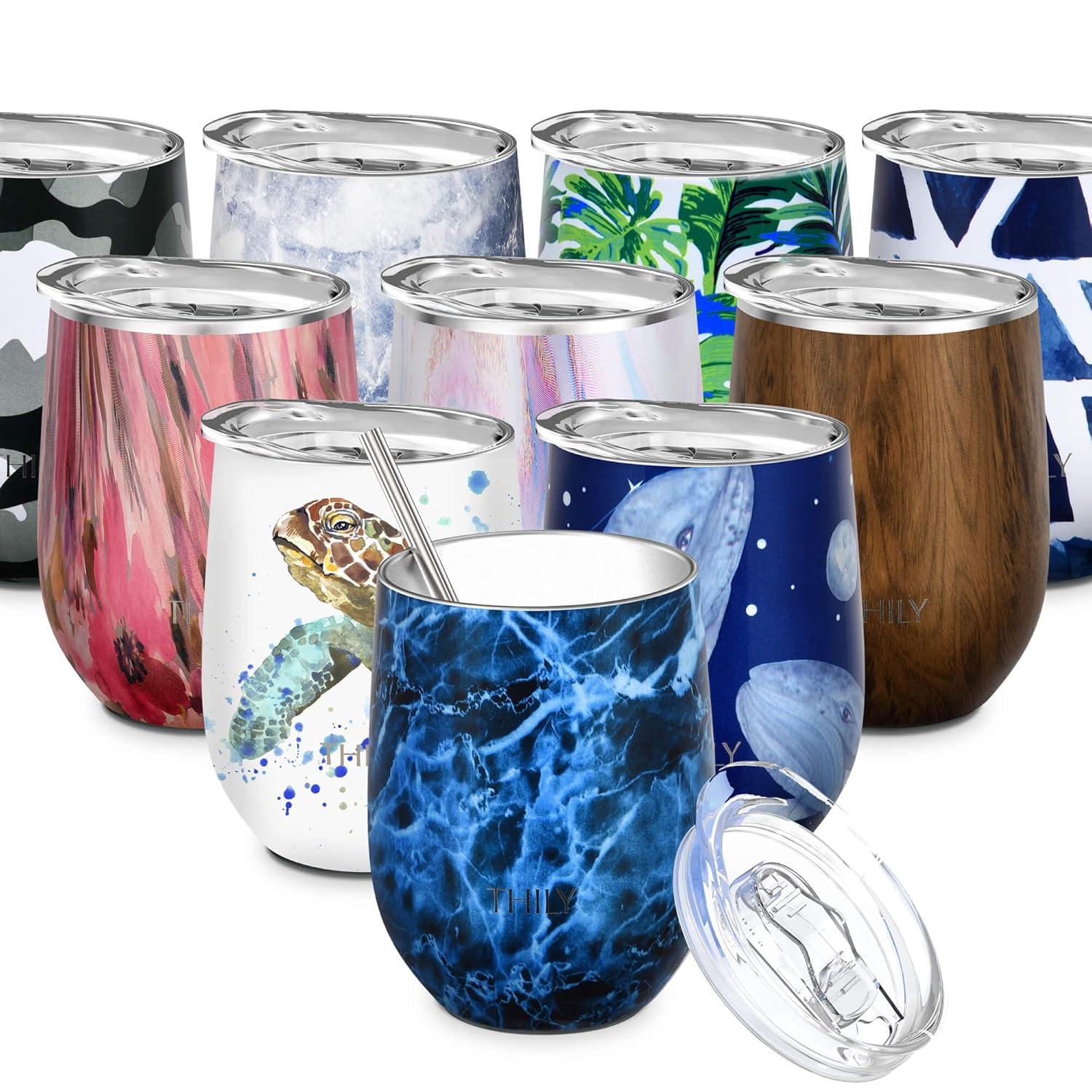 Wine Tumbler Vacuum Insulated Stemless - THILY 12 oz Triple-Insulated Stainless Steel Wine Glass with Lid and Straw, Cute Travel Cup Keep Cold or Hot for Coffee, Cocktails, Wood Grain