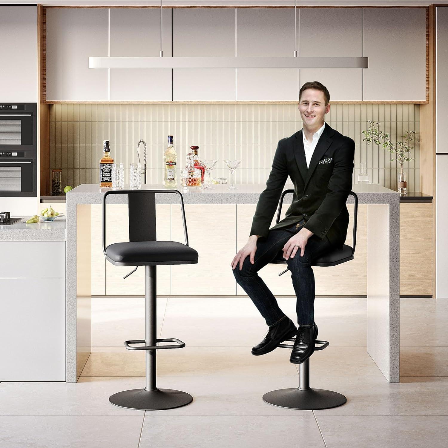 Metal Swivel Barstools Set of 2, Enlarged PU Leather Seat with Metal Back, Adjustable from 24" to 33" for Counter Height & Bar Height, Modern Design for Kitchen and Restaurant,MatteBlack