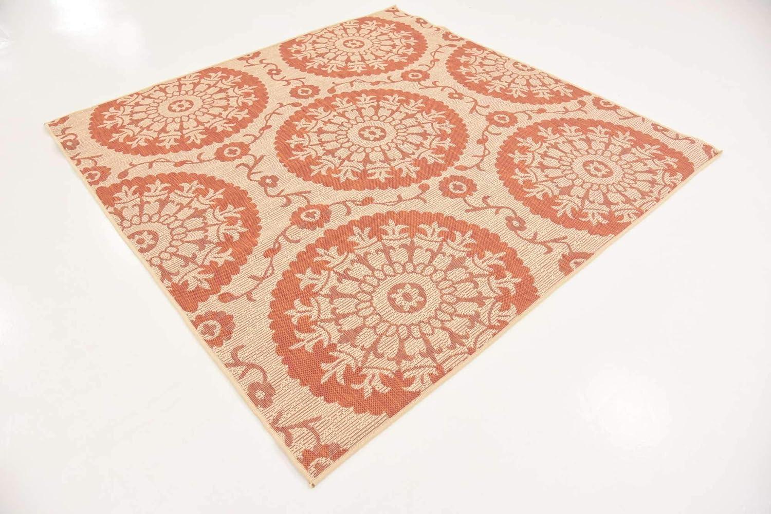 Unique Loom Outdoor Botanical Collection Area Rug - Medallion (6' 1" Square Terracotta/Beige)