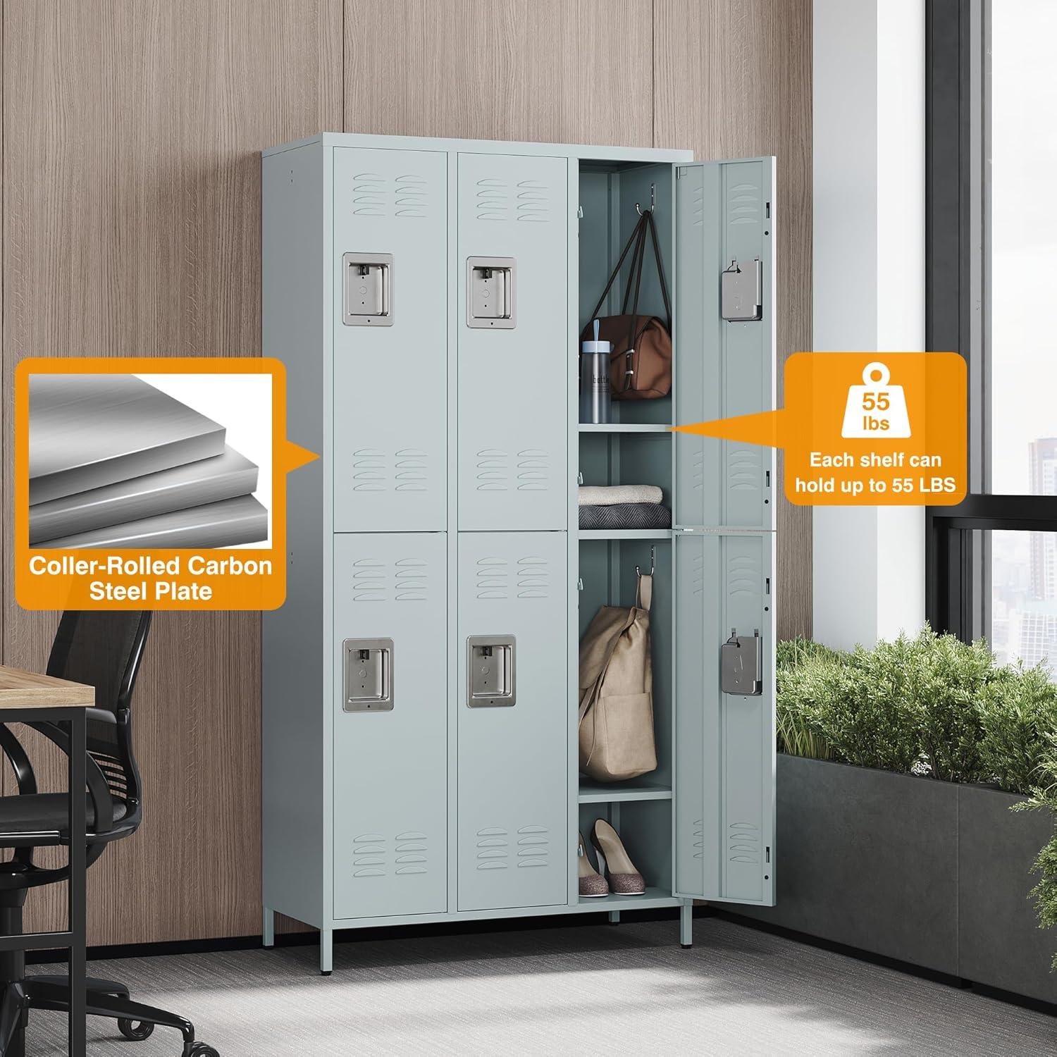 STANI Metal Lockers for Employees with Lock, 6 Doors Tall Steel Storage Locker with Shelves, Lockable Steel Cabinet for School Gym Office Garage (Grey, 6 Doors)