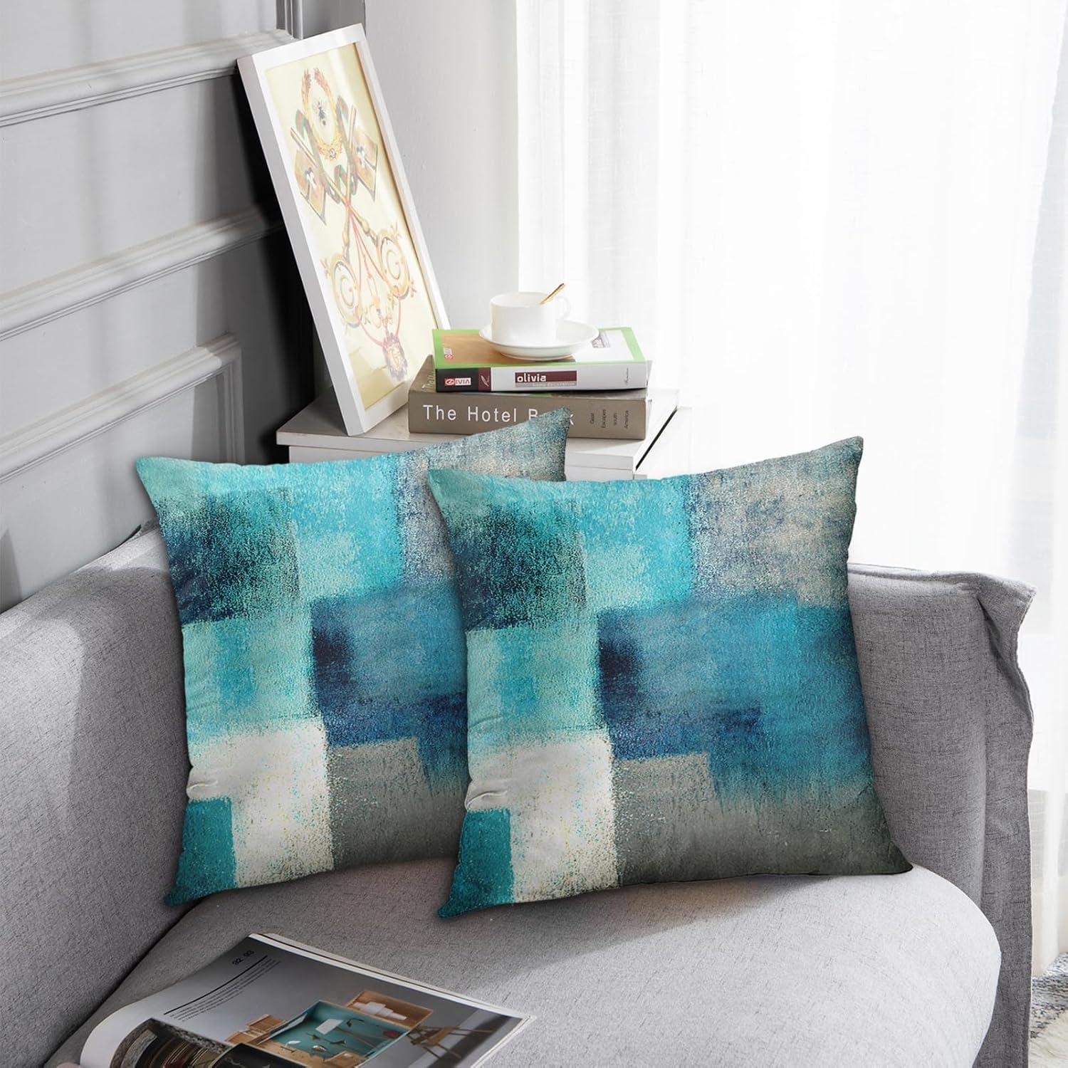 Britimes Throw Pillow Covers Modern Home Art Decor, 20 x 20 Inches Set of 2 Pillow Cases Decorative, Abstract Oil Painting Pillowcases for Bedroom, Cushion Couch Sofa, Living Room, Teal Peacock Blue