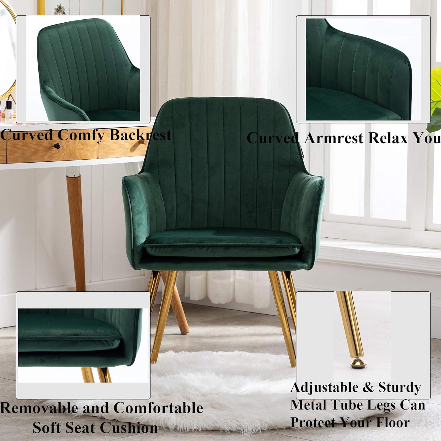 Artechworks Accent Living Dining Room Velvet Arm Chair Club Leisure Guest Lounge Bedroom Upholstered Chair with Gold Metal Legs, Green