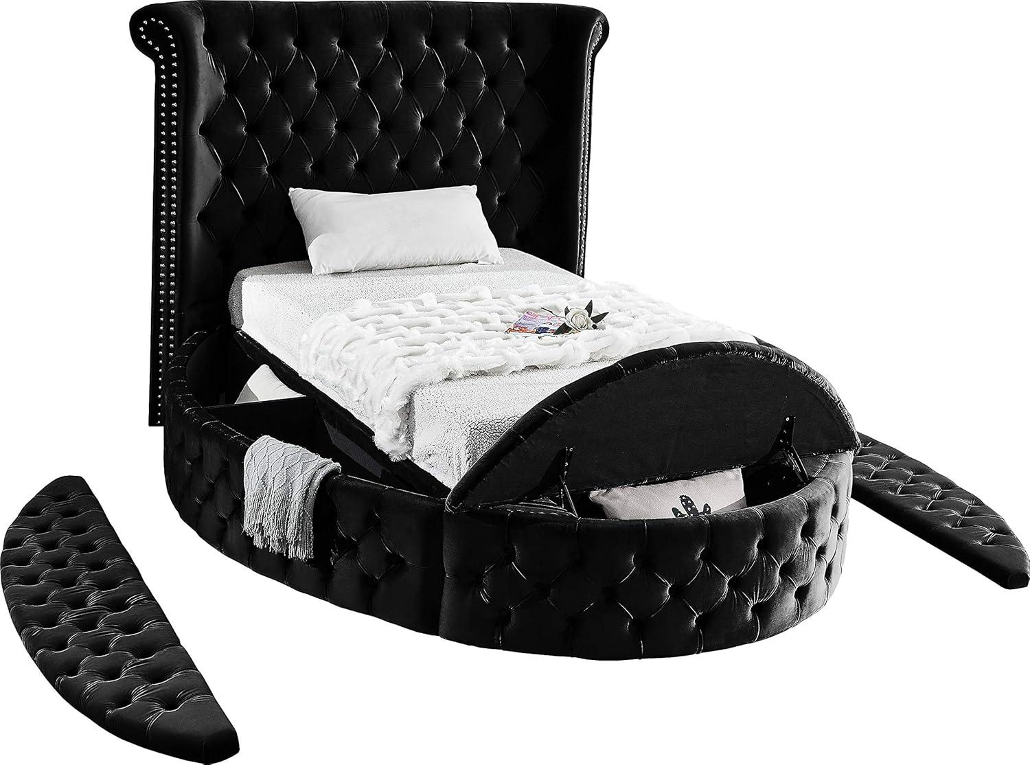 Meridian Furniture Twin Luxus Kids Round Velvet Bed with Storage, Black