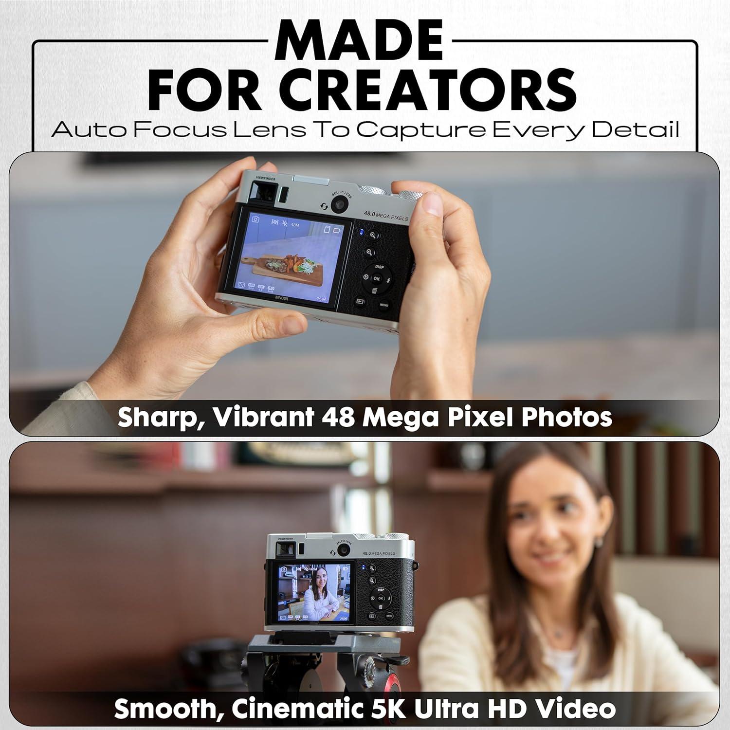 Minolta MND70 Retro 48 MP Autofocus Digital Camera with 5K Ultra HD Video, Rear Selfie Lens & WiFi, Silver