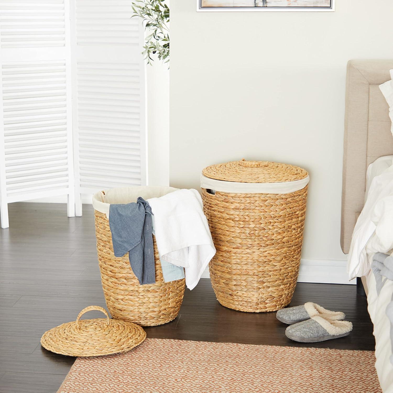 Light Brown Round Seagrass Storage Baskets with Lids, Set of 2