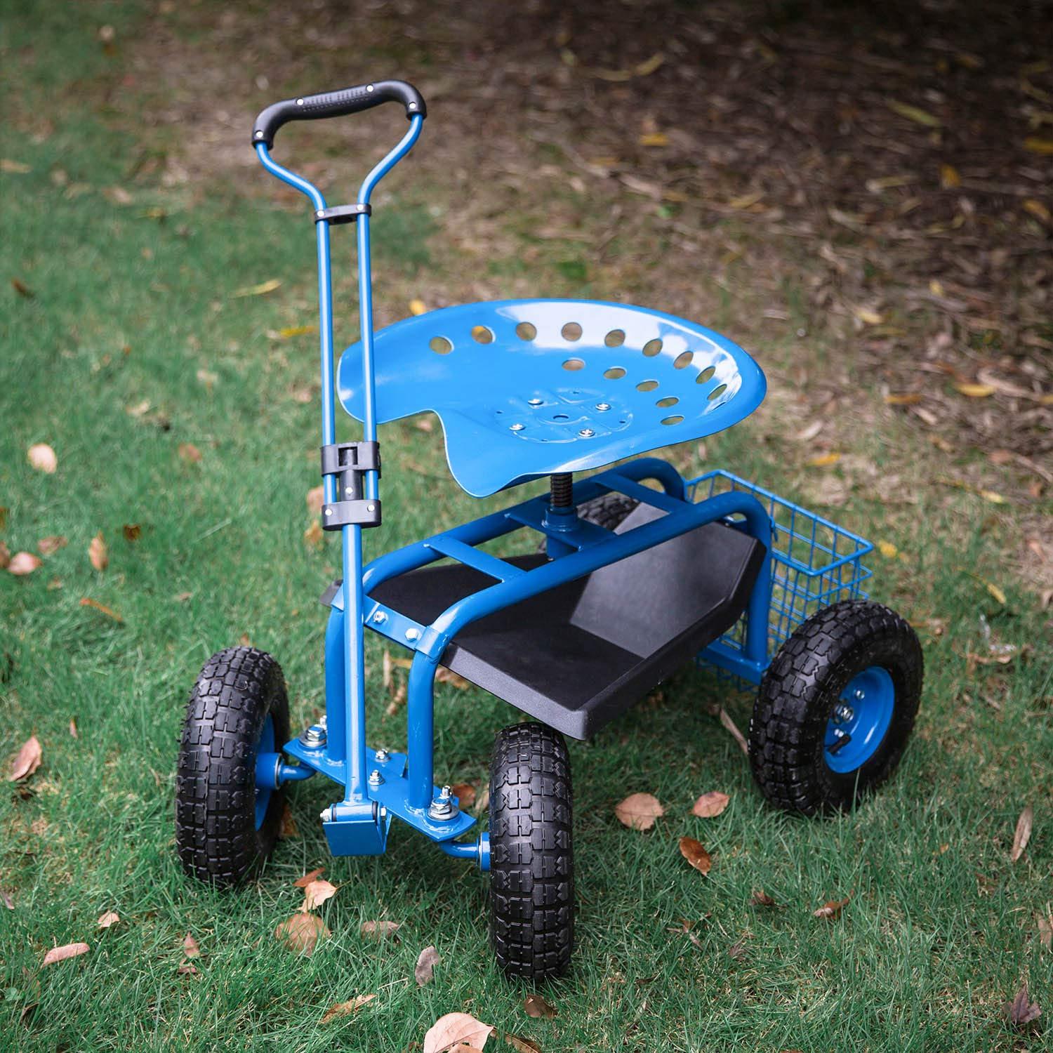 Rolling Garden Cart Scooter Stool - Garden Seat with Wheels Garden Cart with Seat, Adjustable Handle 360 Degree Swivel (Blue)
