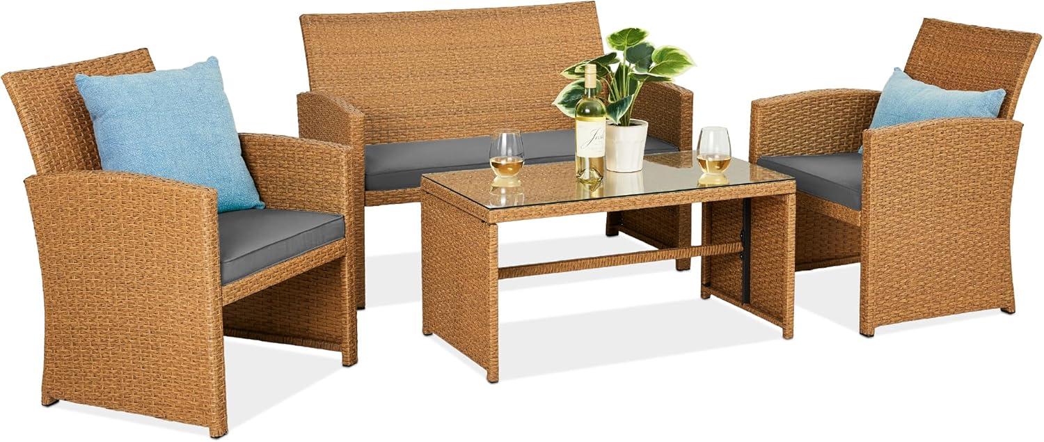 Best Choice Products 4-Piece Outdoor Wicker Patio Conversation Furniture Set w/ Table, Cushions - Natural/Gray