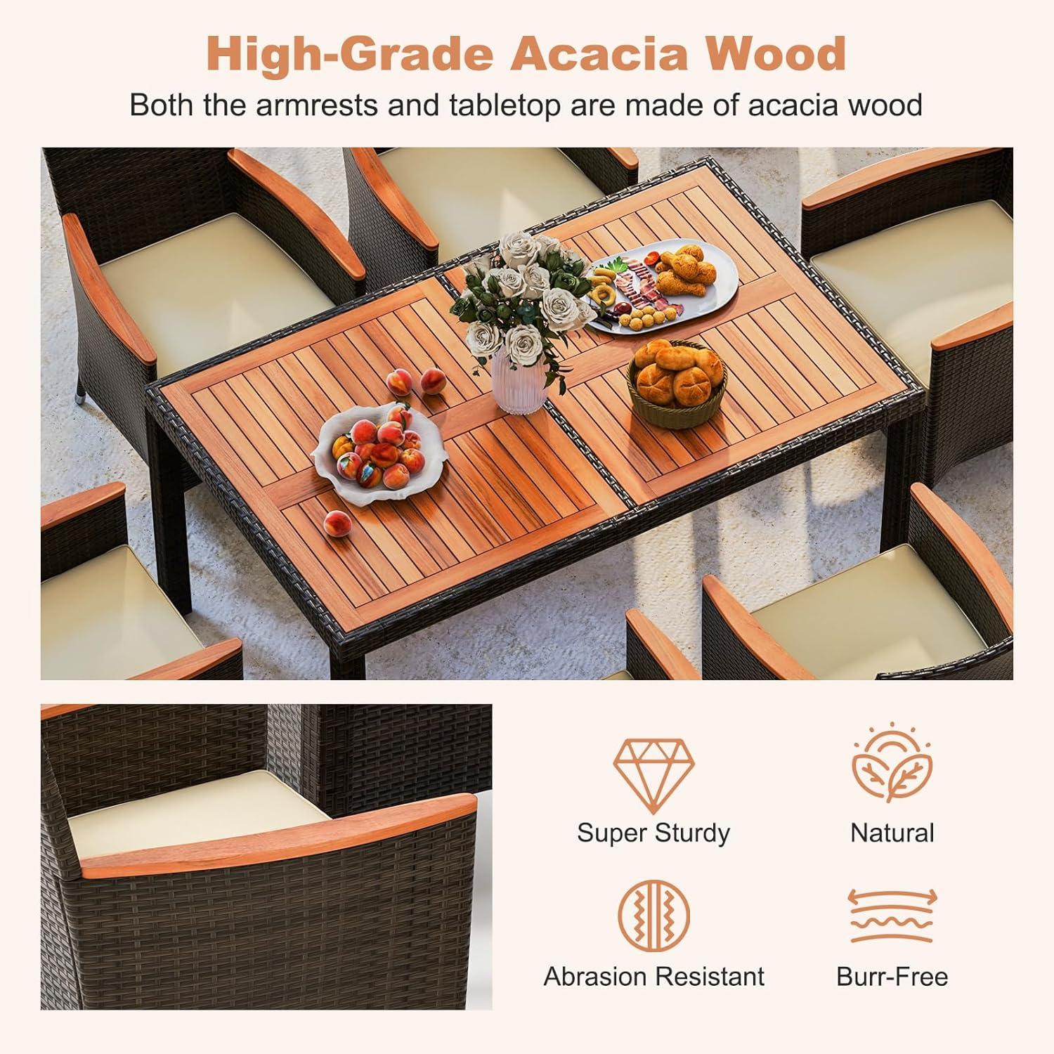 7 Piece Patio Dining Set, PE Rattan Outdoor Table And Chairs Dining Furniture Set With Stackable Armchairs & Cushions, Acacia Wood Table, For Backyard