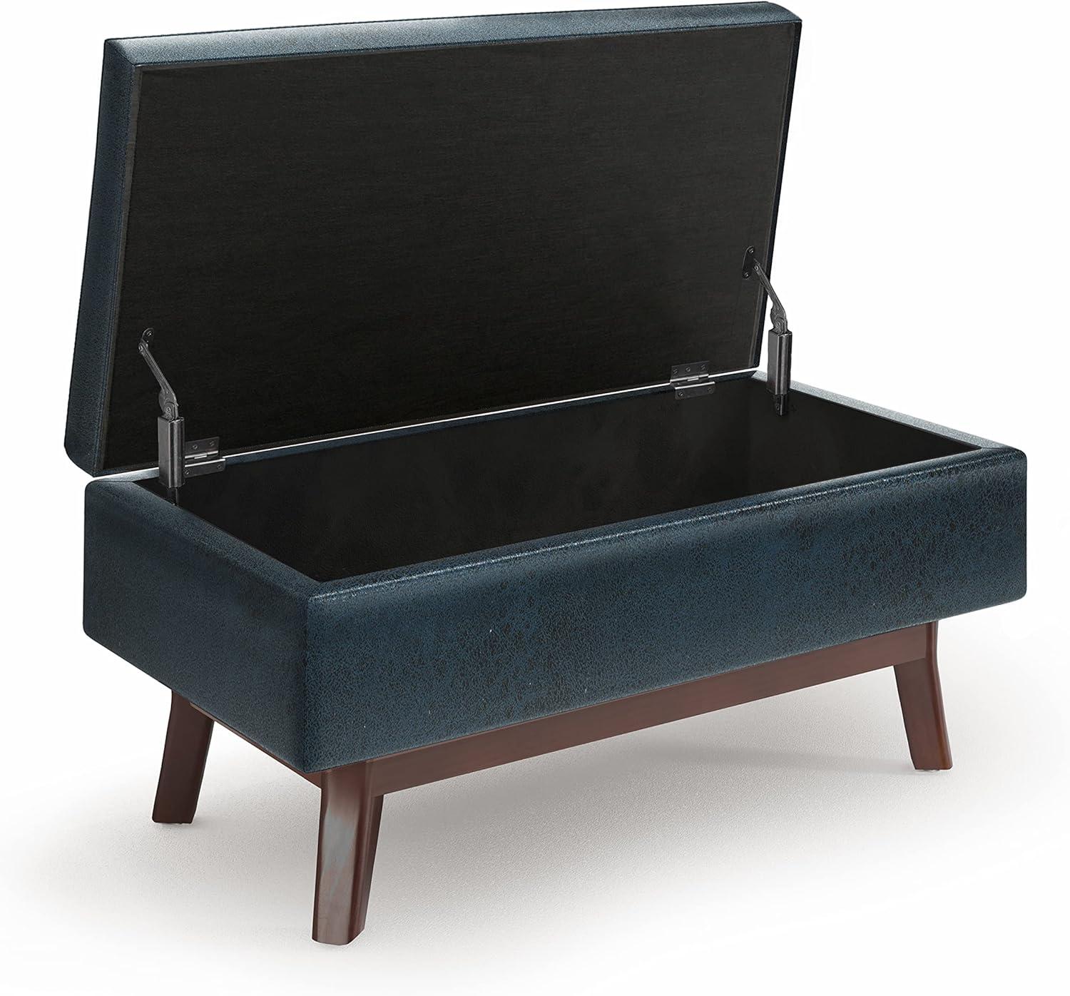 Owen 36" Wd. Mid Century Storage Ottoman in Distressed Dark Blue Faux Leather