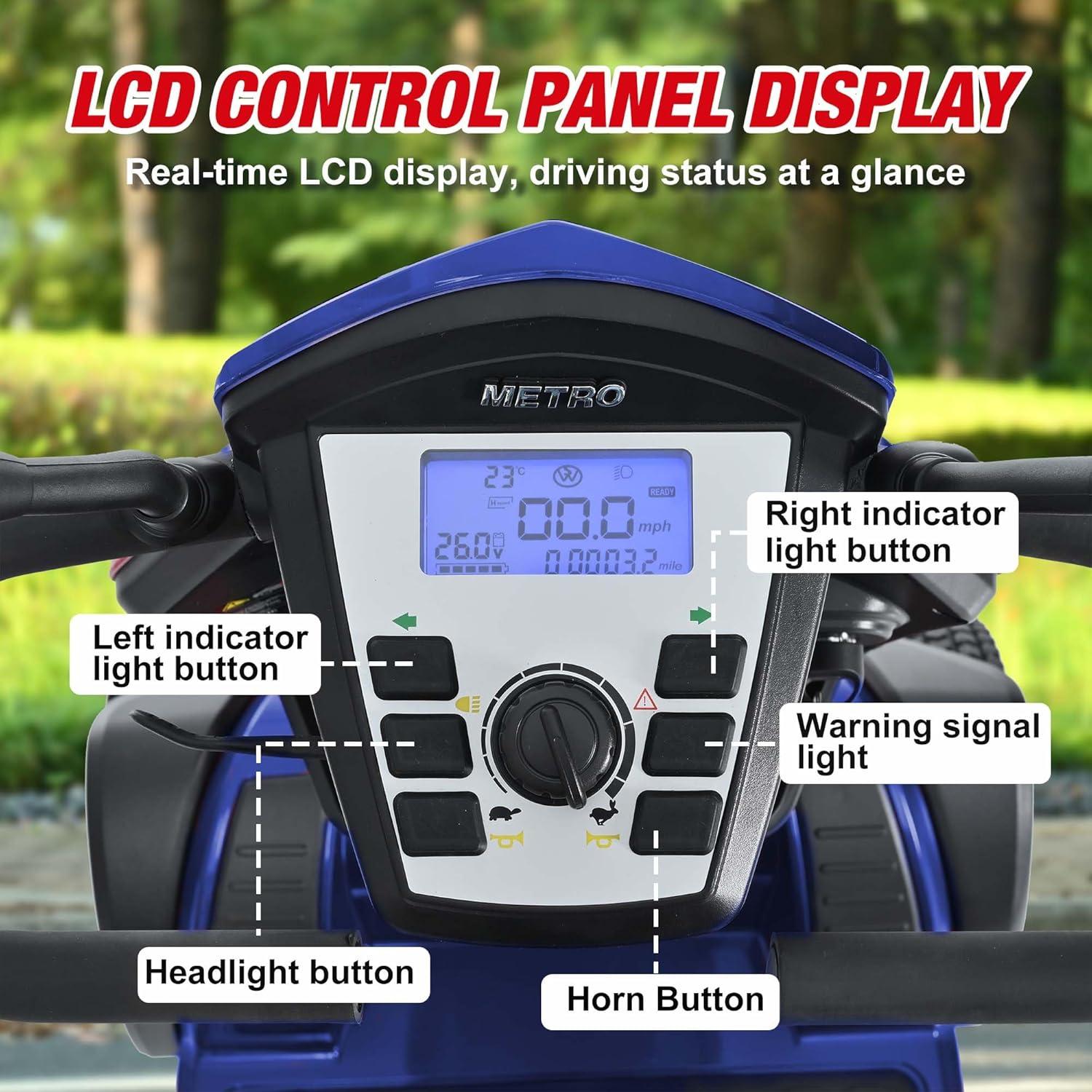 Metro S500 4-Wheel Electric Scooter with Windshield, 500W Motor, Cup Holders & USB Charging Port, LED Lights, Crutch case, Front and Rear Baskets, Blue