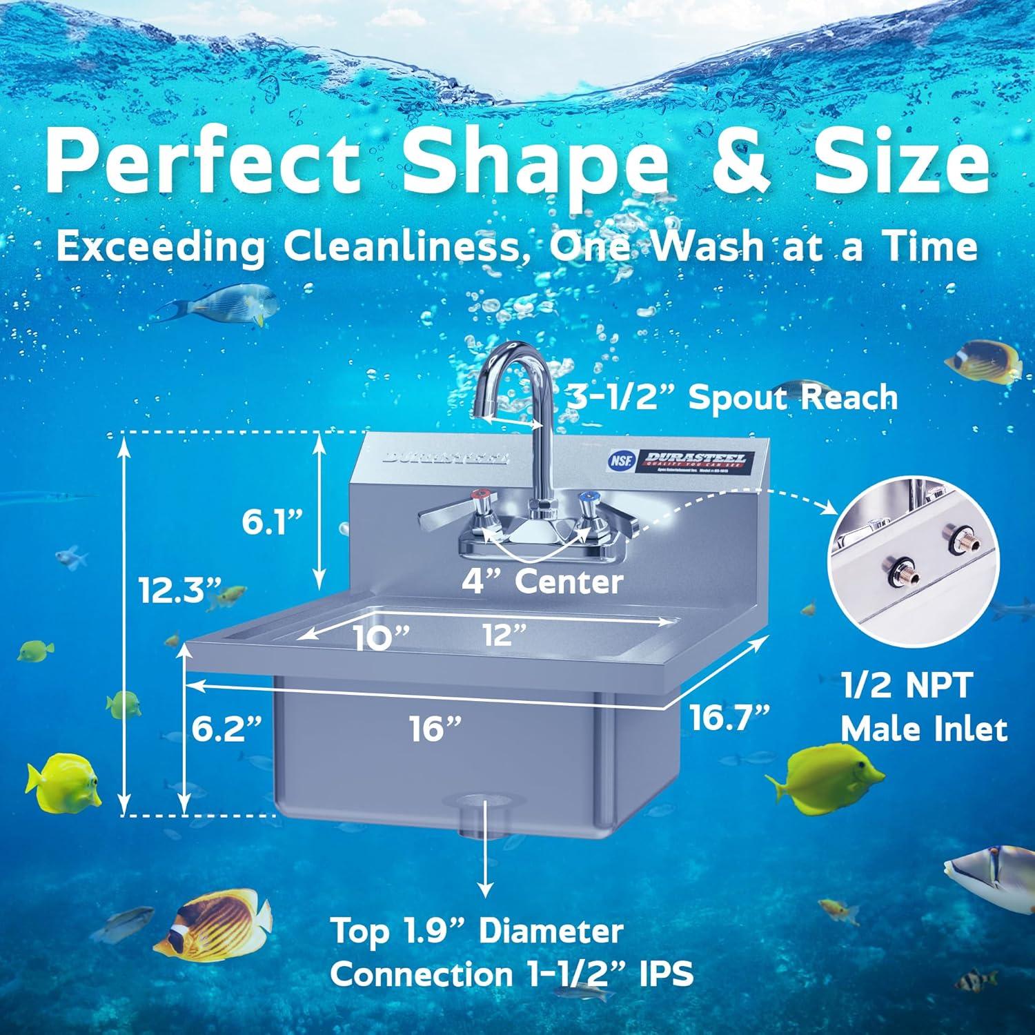 DuraSteel Stainless Steel Sink - NSF Commercial Wall Mount Kitchen Sink - Small Hand Sink with 12" x 10" x 5.5"D Wash Basin - With Sink Strainer and Faucet - For Laundry, Restaurants, Bars, and More