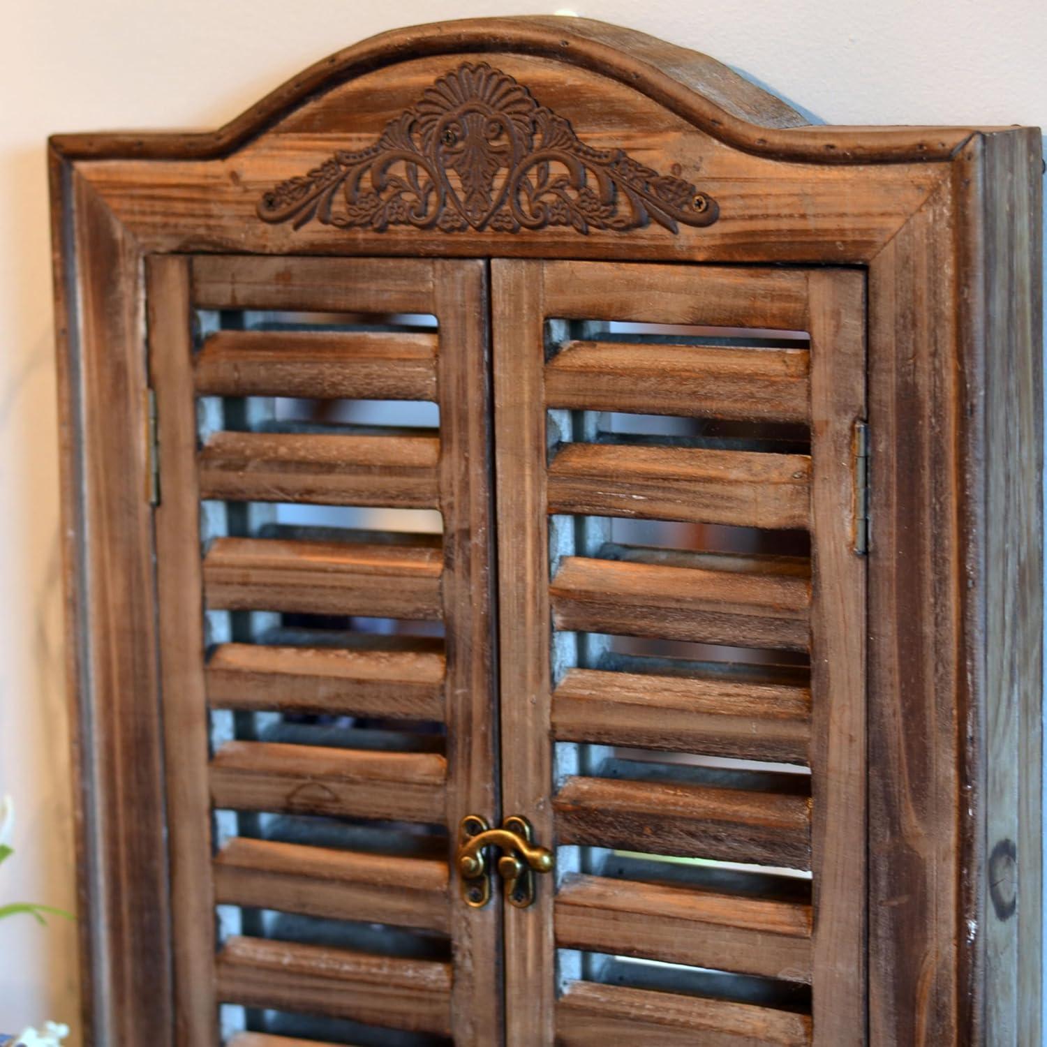 French Country Style Rustic Window Mirror with Shutters, Sustainable Wood, Approx. 18 Inches High, Distressed Gray Wash with Vintage Style Metal Decoration