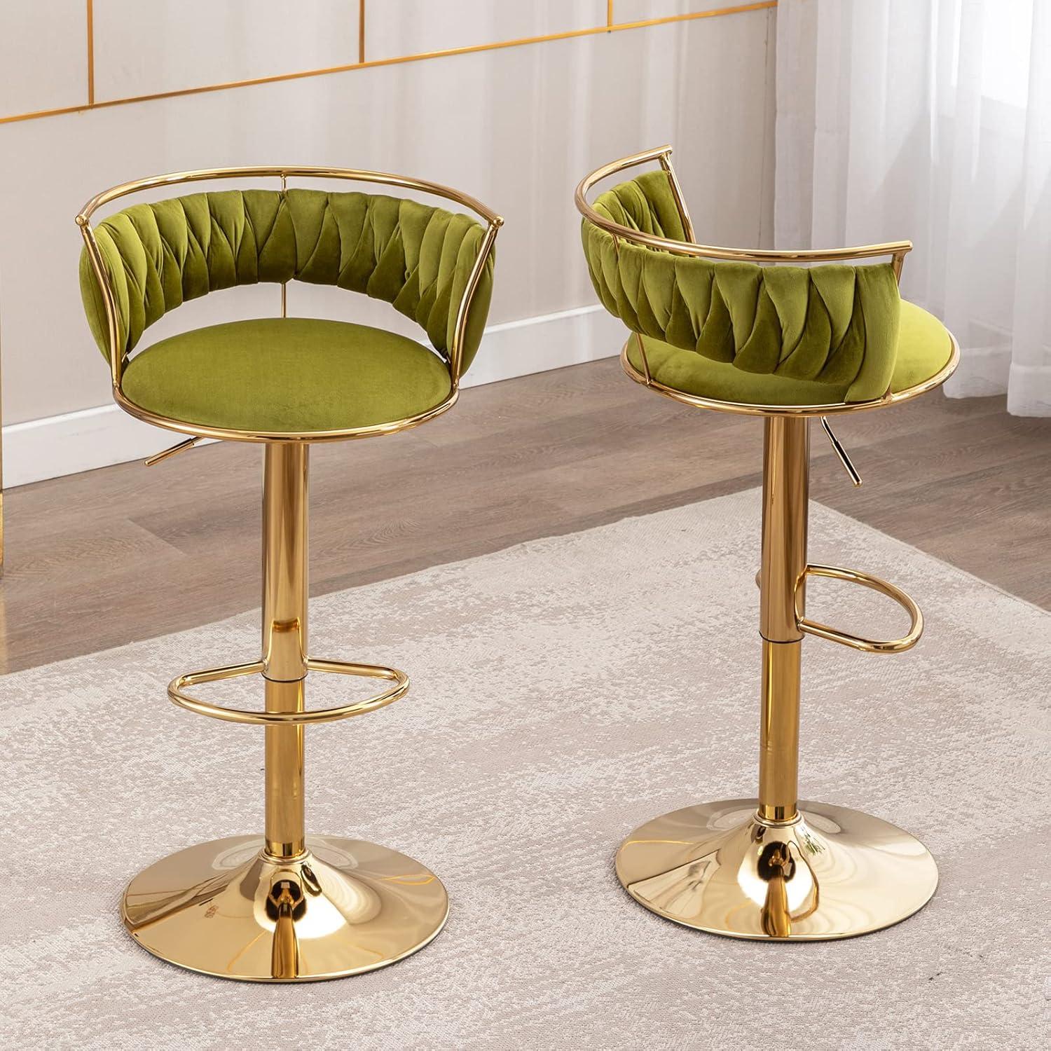 Emerald Green Velvet Adjustable Swivel Bar Stools with Gold Base, Set of 2