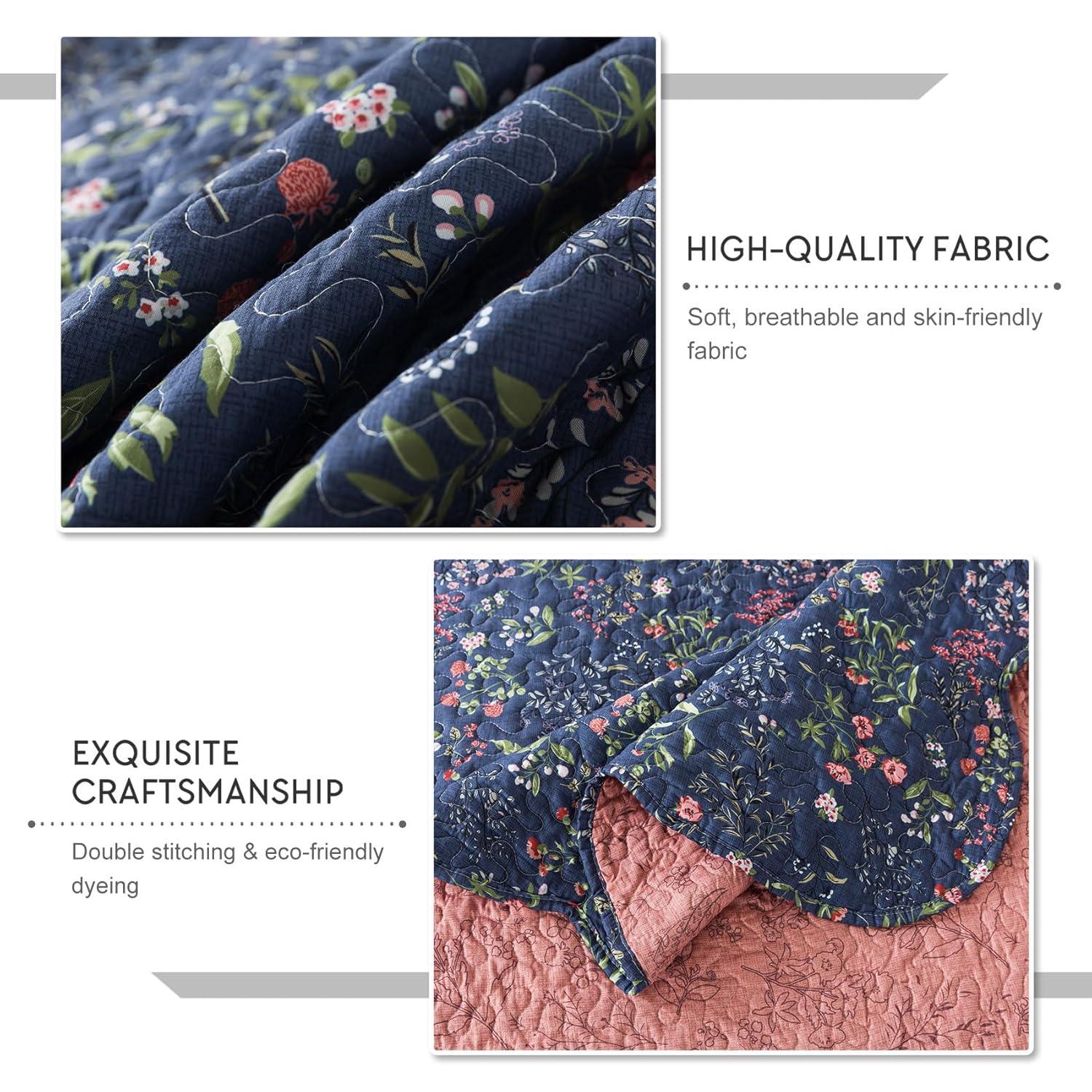 Travan 3-Piece Quilt Set Quilted Bedspread Lightweight Coverlet Set Garden Style Floral Printed Oversized Quilted Bedding Set for All Season, Blue Flower Sea, Queen Size