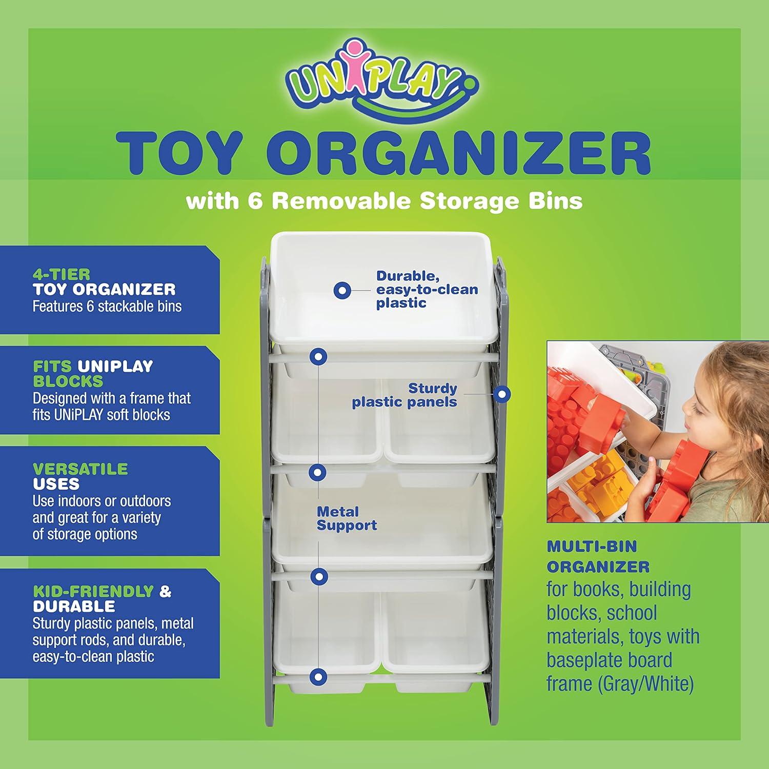 UNiPLAY Toy Organizer With 6 Removable Storage Bins and Block Play Panel, Multi-Size Bin Organizer