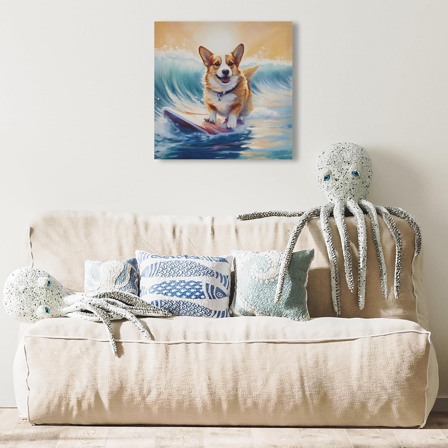 Madison Park 16"x16" Beach Playful Lively Dogs Print Canvas Wall Decor Art Corgi Blue: Farmhouse Style, Animal Theme for Living Room
