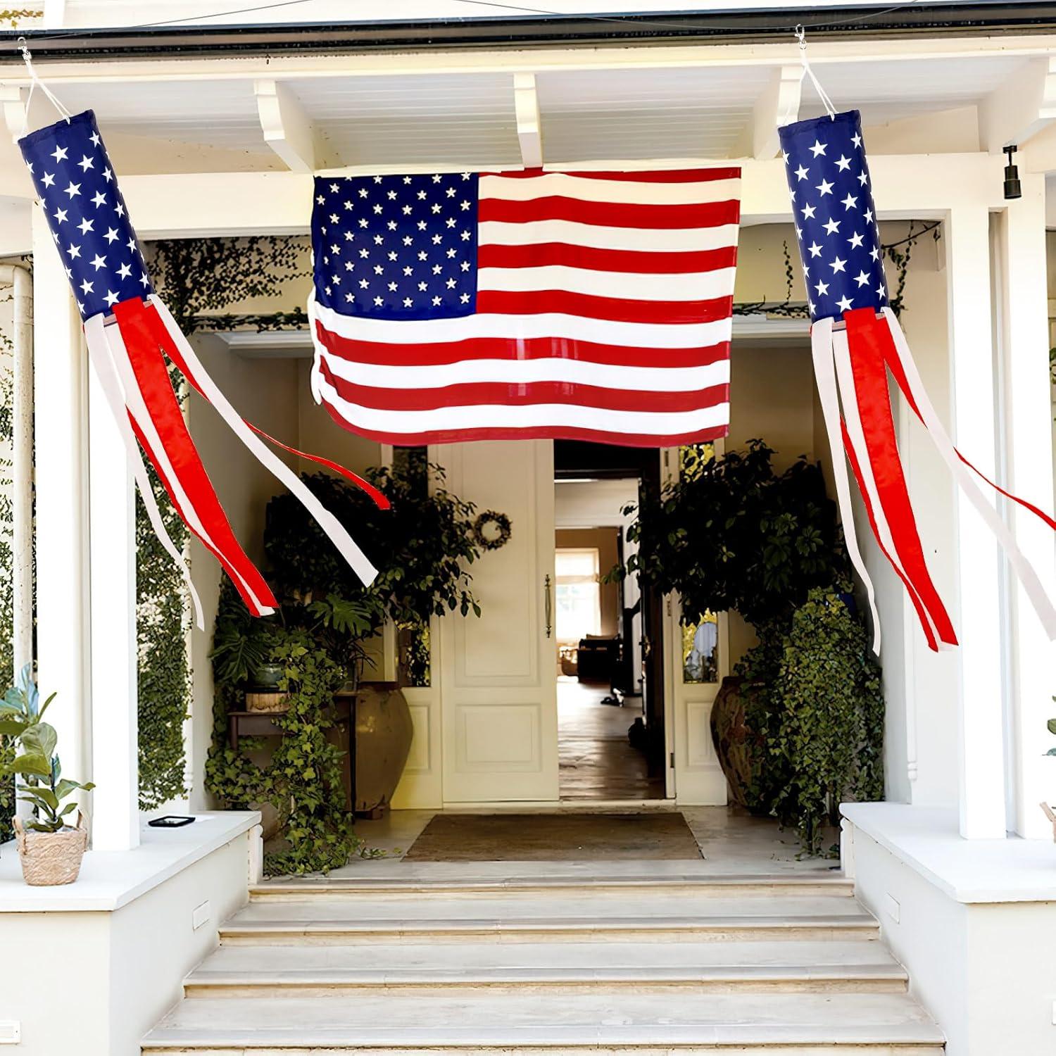 4th of July Decor,Set of 2 American Flag Windsock 40 Inch,Yard/Garden Clearance Outdoor Decorations Hanging,Wind Socks Hanging with Embroidered Stars Stripes,Fourth of July USA Patriotic Decoration