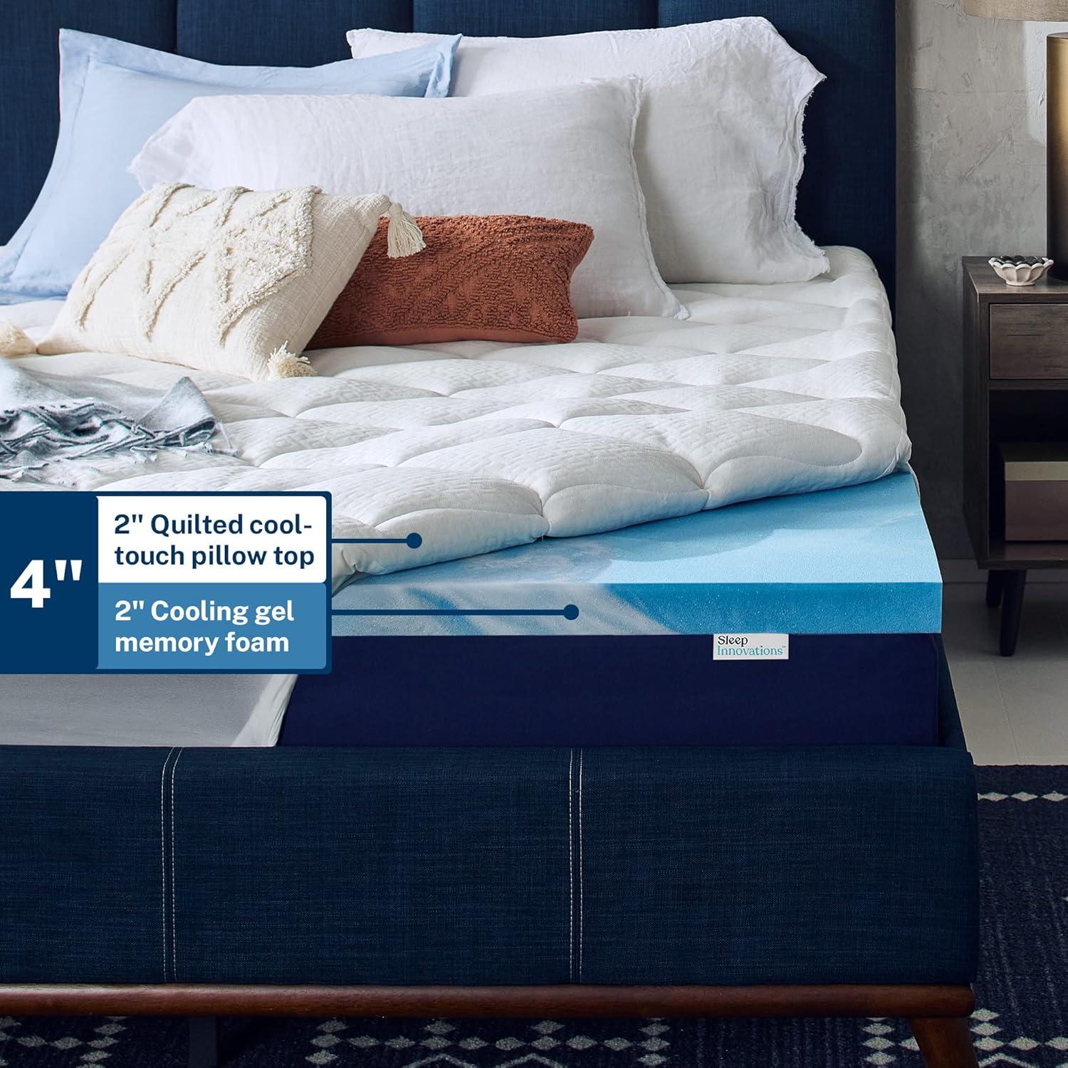 Sleep Innovations Sleep Innovations Cooling Comfort Gel Memory Foam Dual Layer Mattress Topper, 4 Inch, Pillow Top Cover