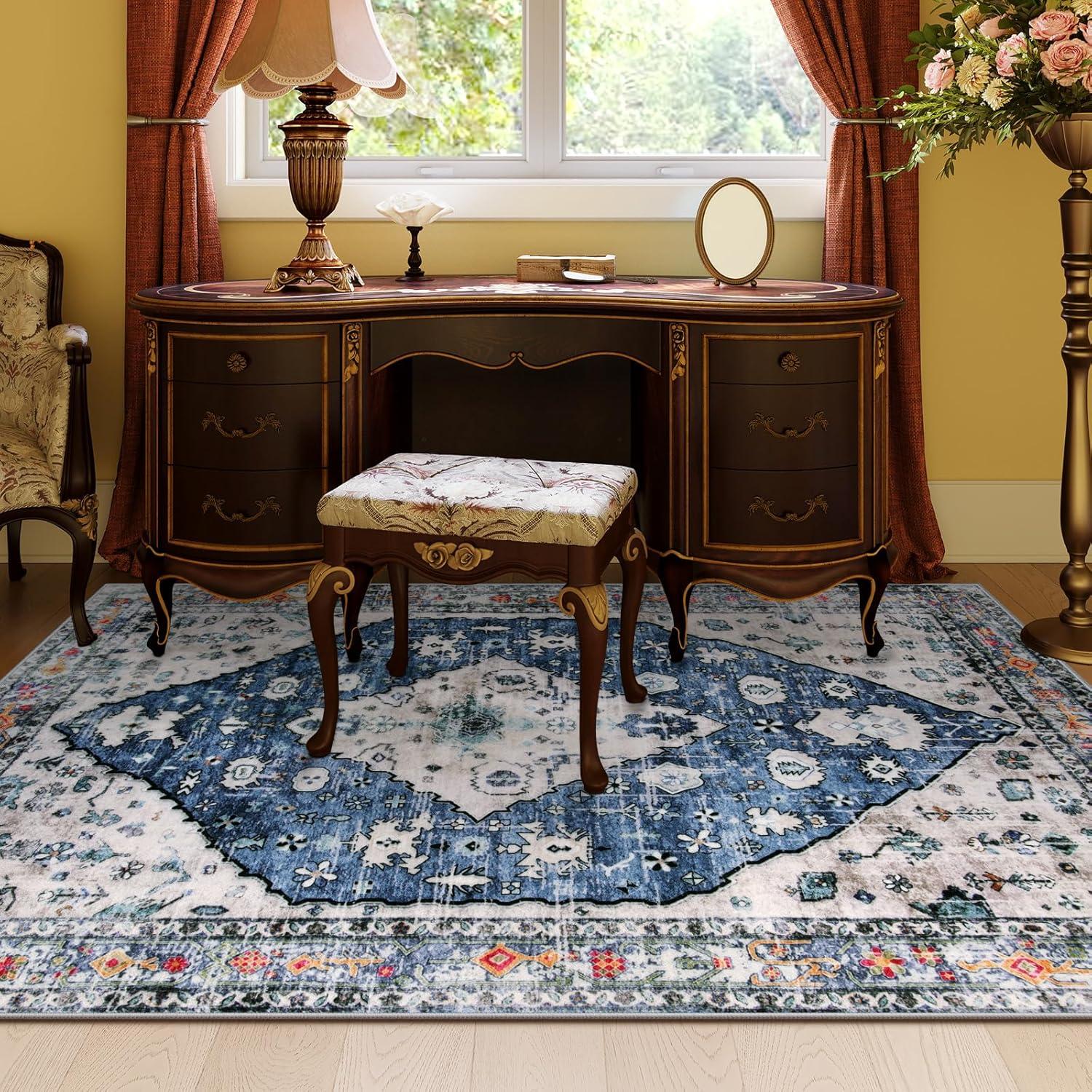 Wonnitar 5'x7' Area Rugs for Living Room Boho Tribal Washable Bedroom Rugs Large Soft Dining Room Mat Non Slip Indoor Carpet for Dorm Kitchen Nursery Dining Bedroom,Blue