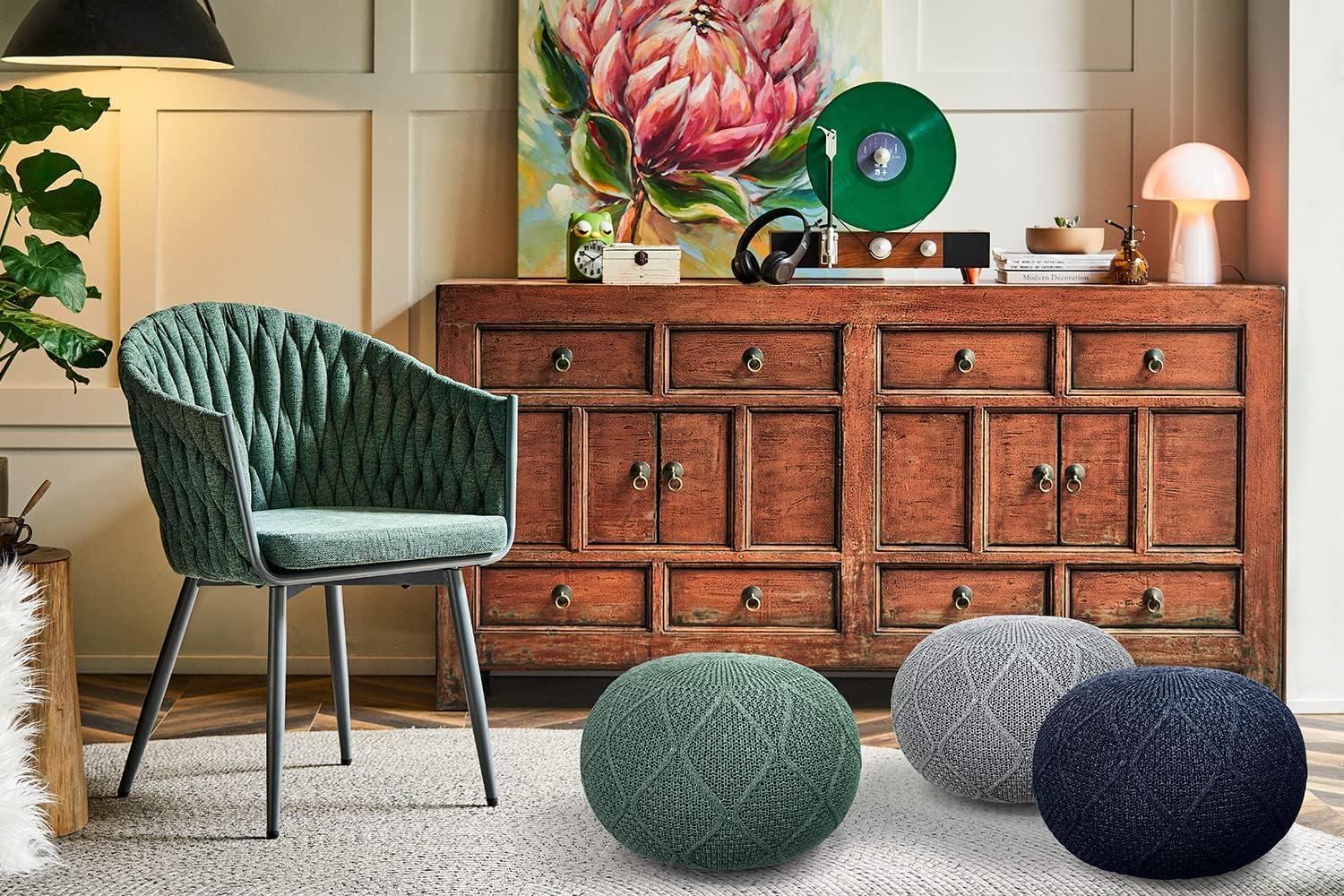 Green Knitted Round Pouf Ottoman with Polyurethane Foam