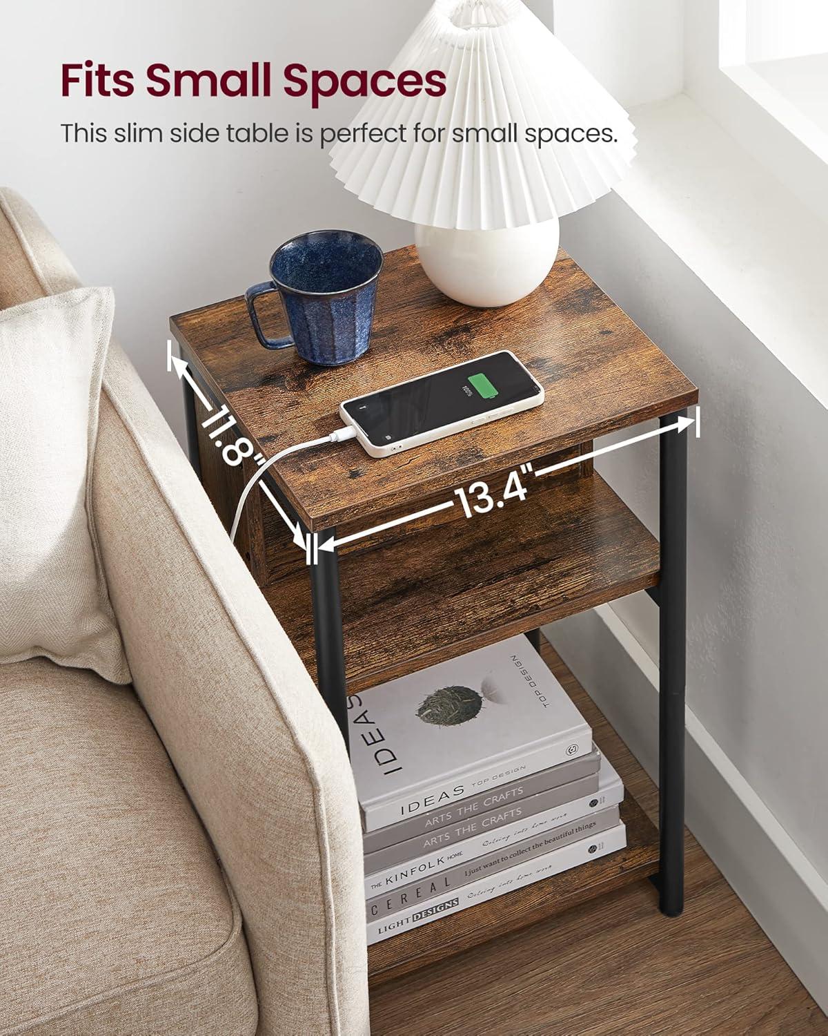 Rustic Rectangular Metal and Wood End Table with Charging Station