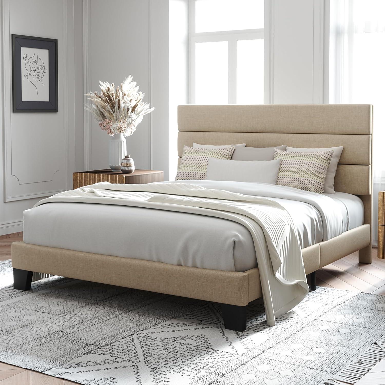 Beige Queen Upholstered Platform Bed with Wooden Slats