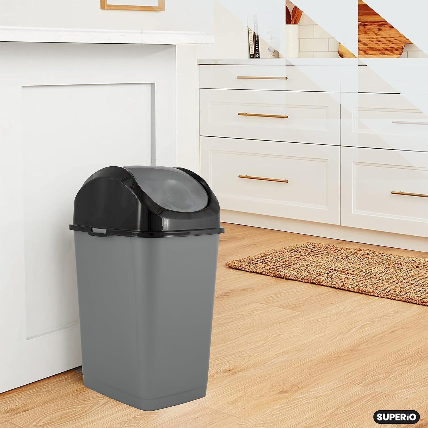 Gray and Black Plastic Swing-Top Trash Can, 23" Tall