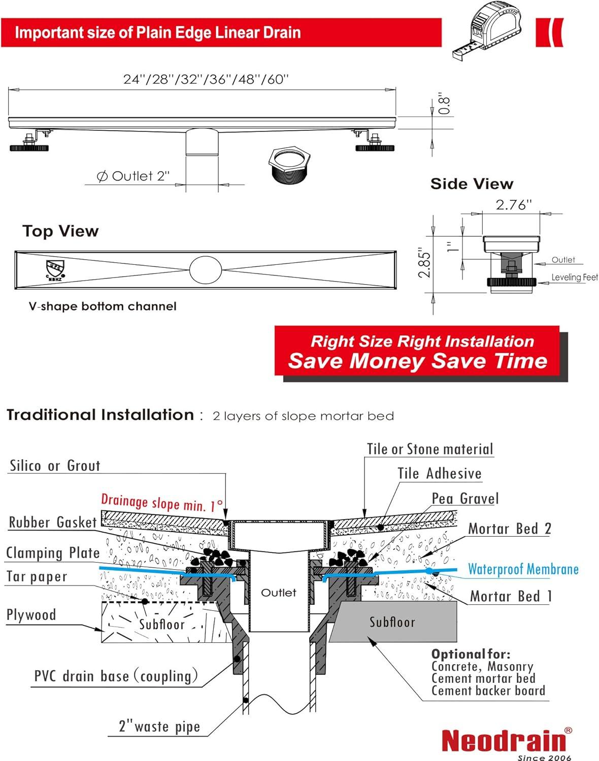 Black 36-Inch Stainless Steel Rectangular Shower Drain