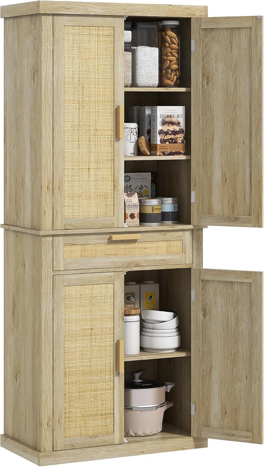 Oak and Rattan 72" Tall Kitchen Pantry Storage Cabinet