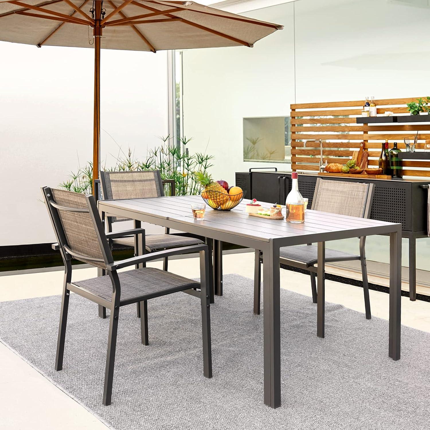 Rectangular Beige and Gray Outdoor Dining Table with Metal Frame