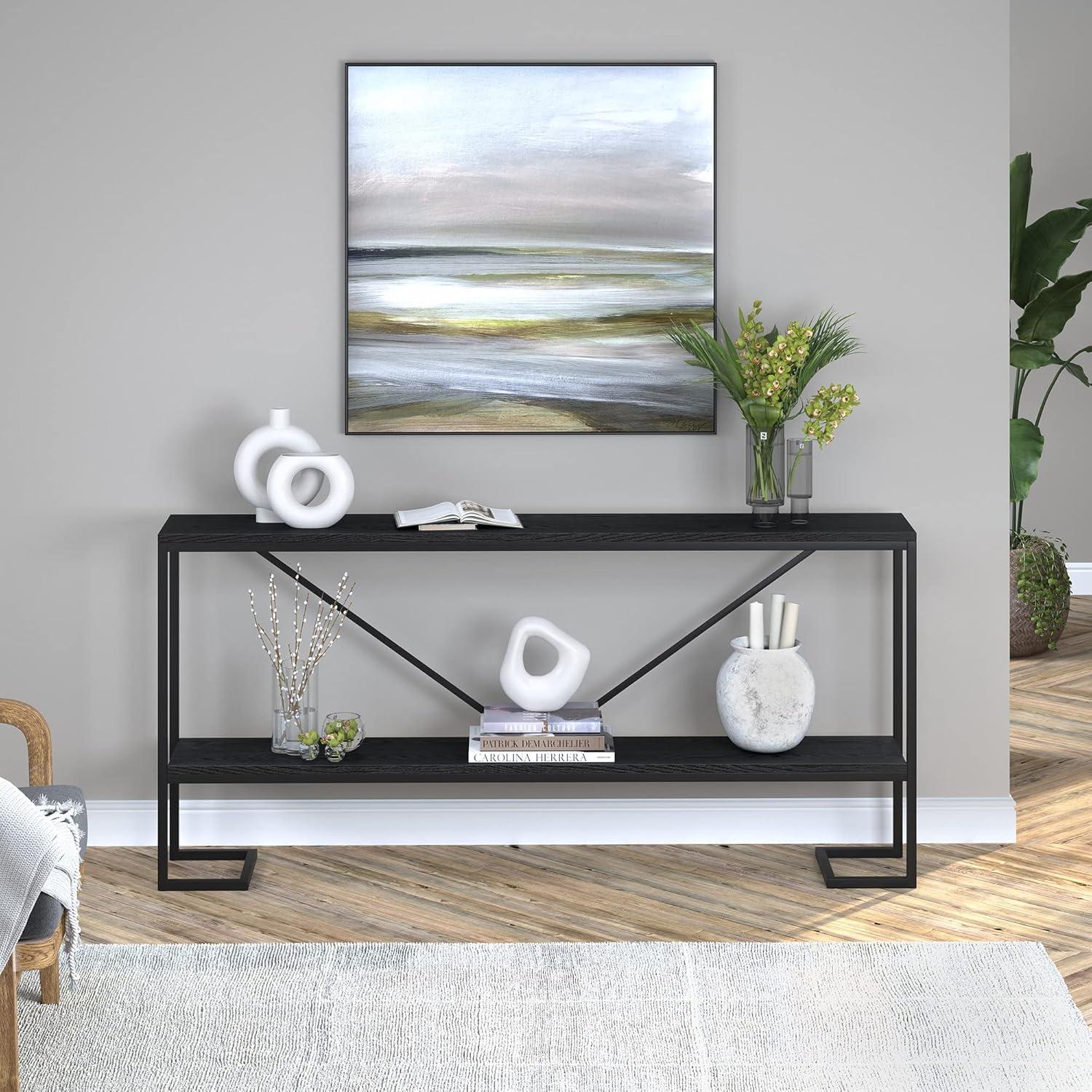 Modern Farmhouse 64" Blackened Bronze & Woodgrain Console Table with Storage