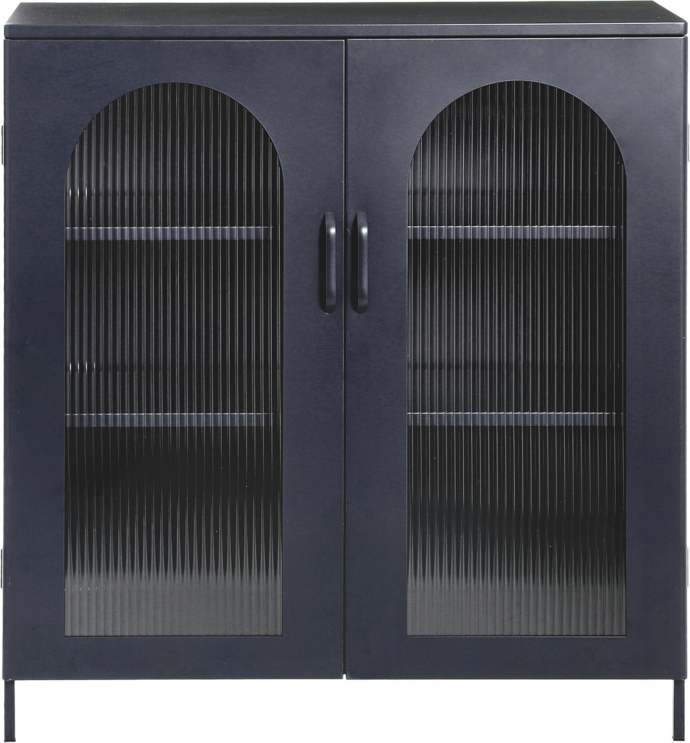 Black Metal Cabinet with Arched Glass Doors and Adjustable Shelves