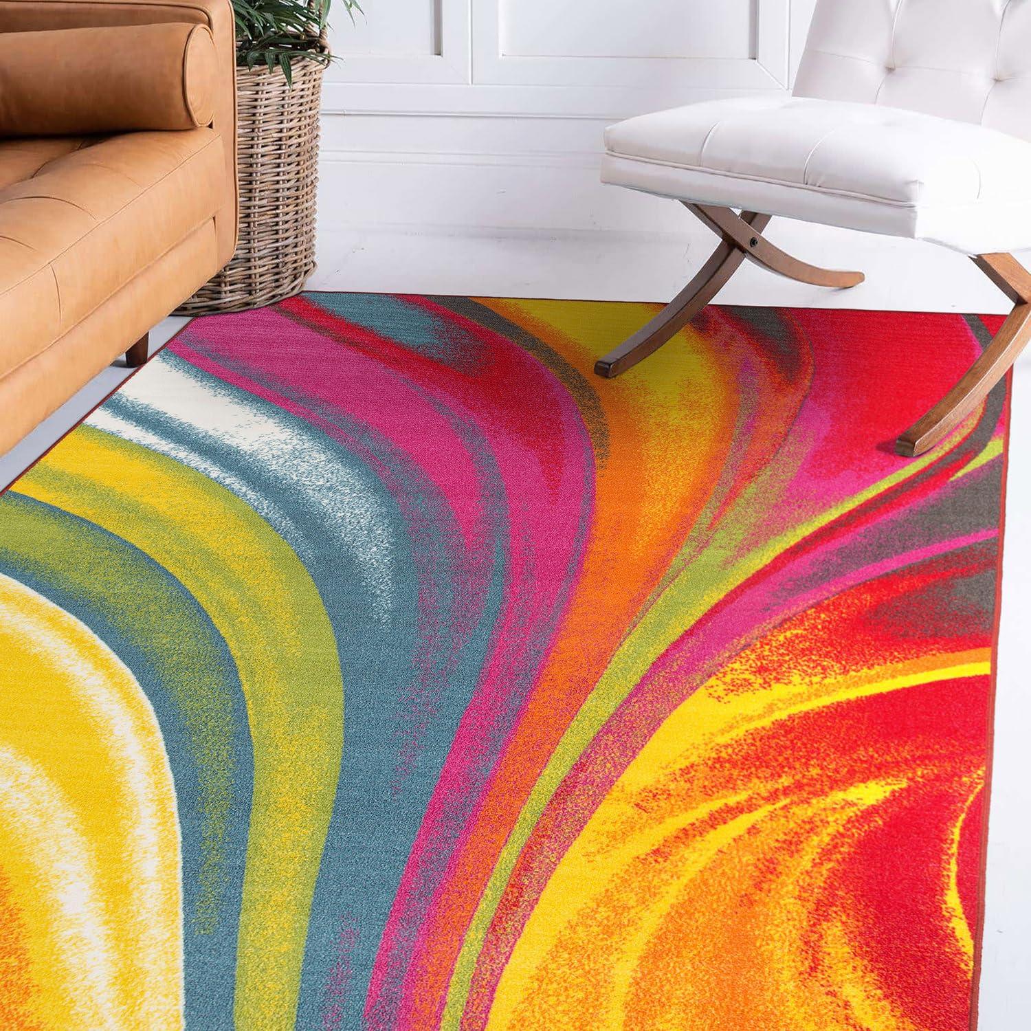 World Rug Gallery Modern Contemporary Waves Multicolored Non-slip (Non-skid) Area Rug - Multi 3'3" x 5'