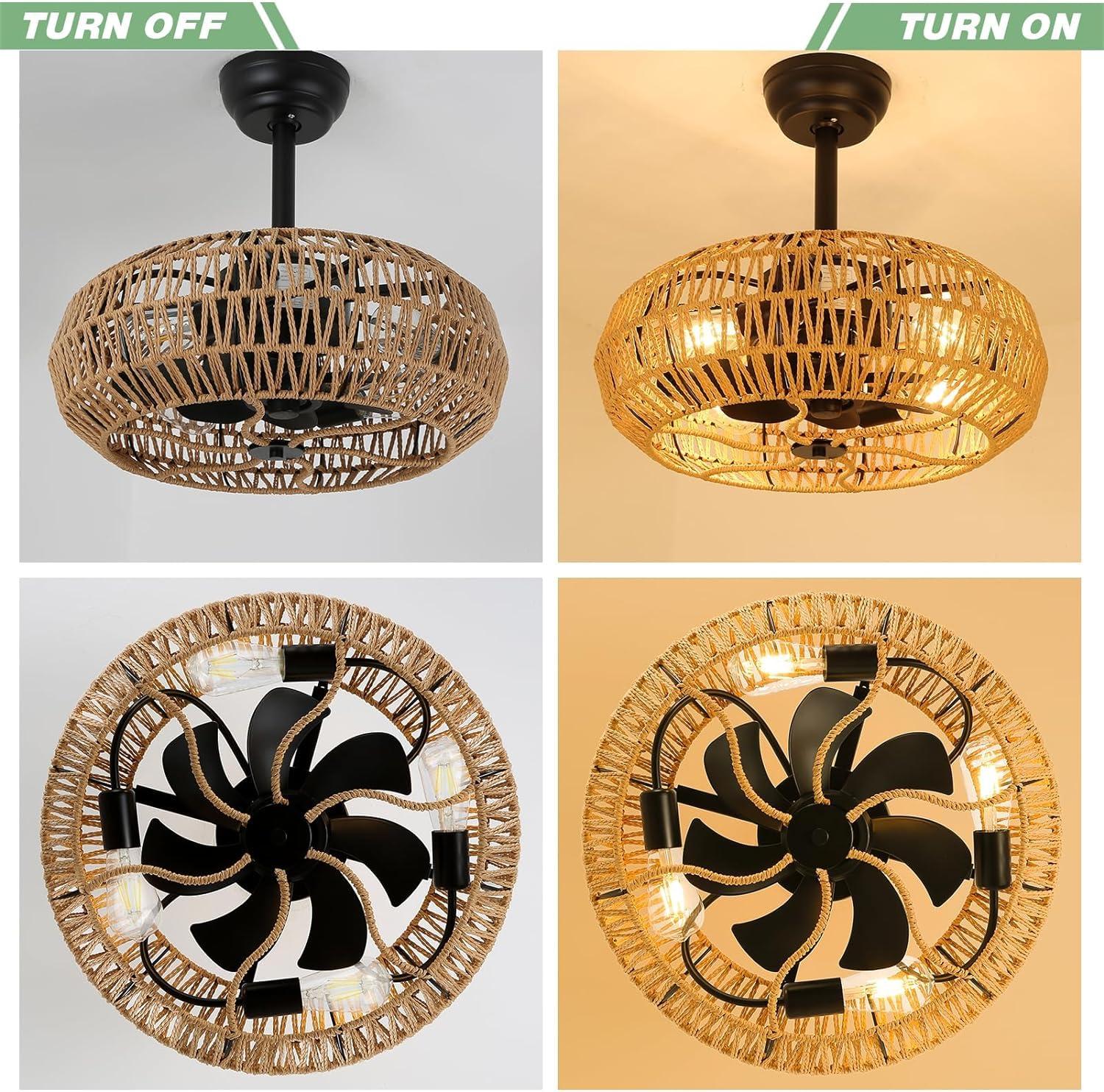 20'' Boho Rattan Caged Ceiling Fan with Light and Remote, Farmhouse Flush Mount Boho Ceiling Fan Light Low Profile Bladeless Ceiling Fan Timing 6 Speeds Reversible, Brown
