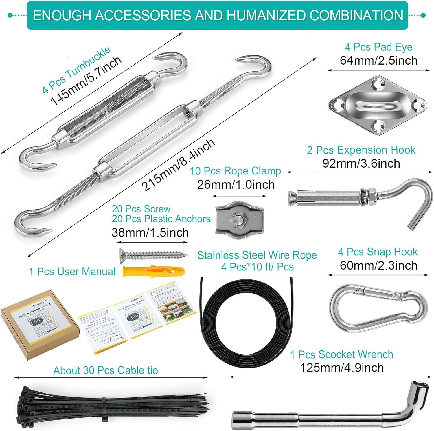 Sun Shade Sail Hardware Kit with 4pcs 10ft Length Extension Nylon Wire Rope,Shade Sails Installation Kits for Triangle Rectangle Shade Canopy,Shades Awning Kit is 304 Stainless Steel,Garden Outdoors