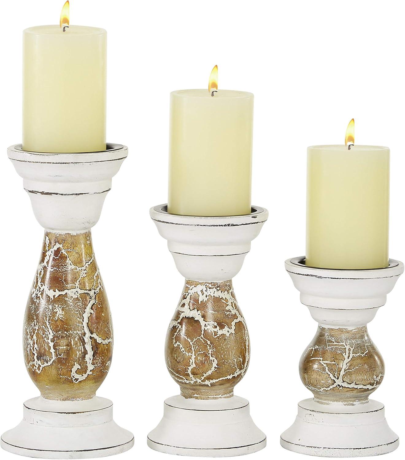 DecMode 3 Candle Beige Wood Candle Holder, Set of 3