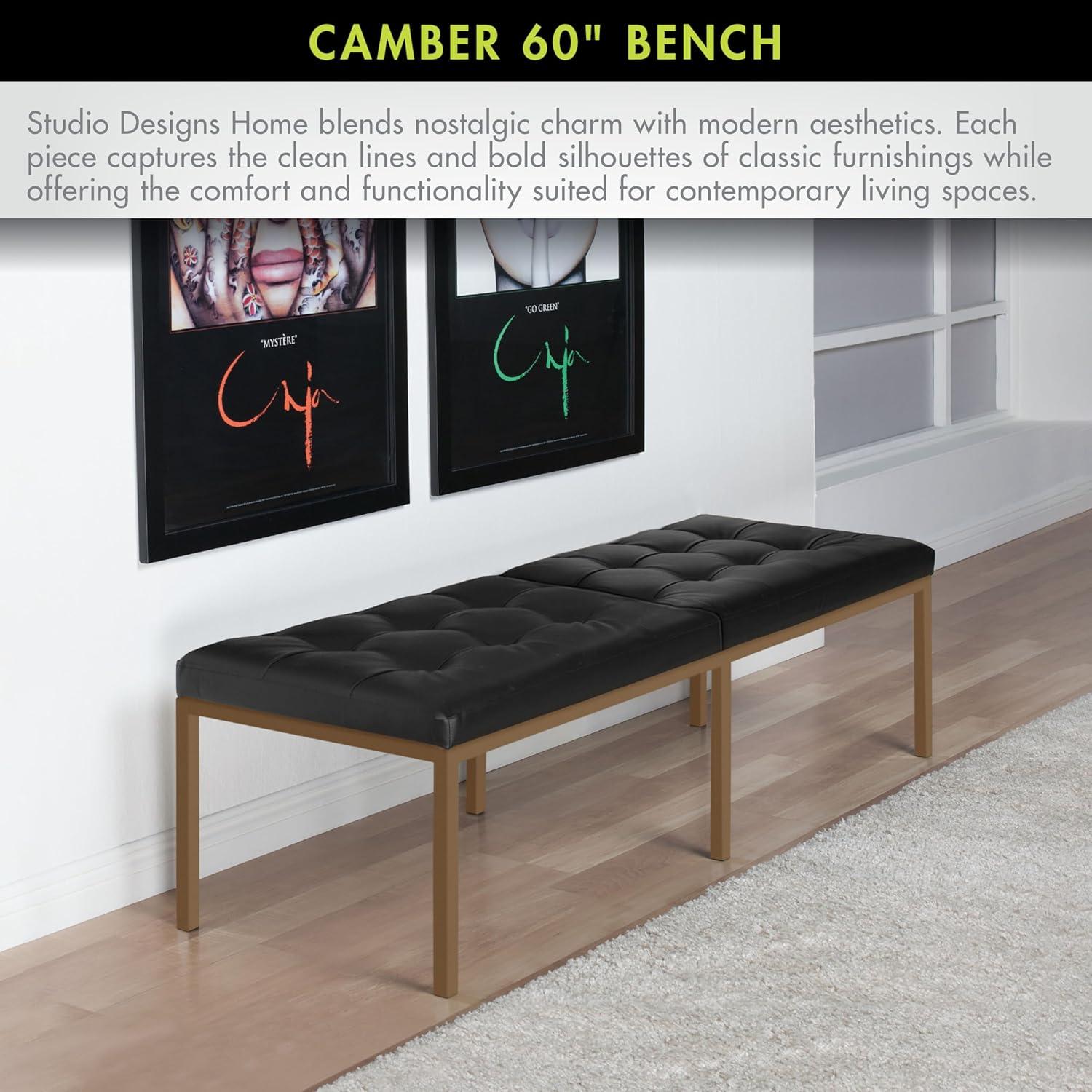 60" Wide Camber Modern Metal and Bonded Leather Bench Black/Bronze - Studio Designs Home: Elegant Tufted Seating
