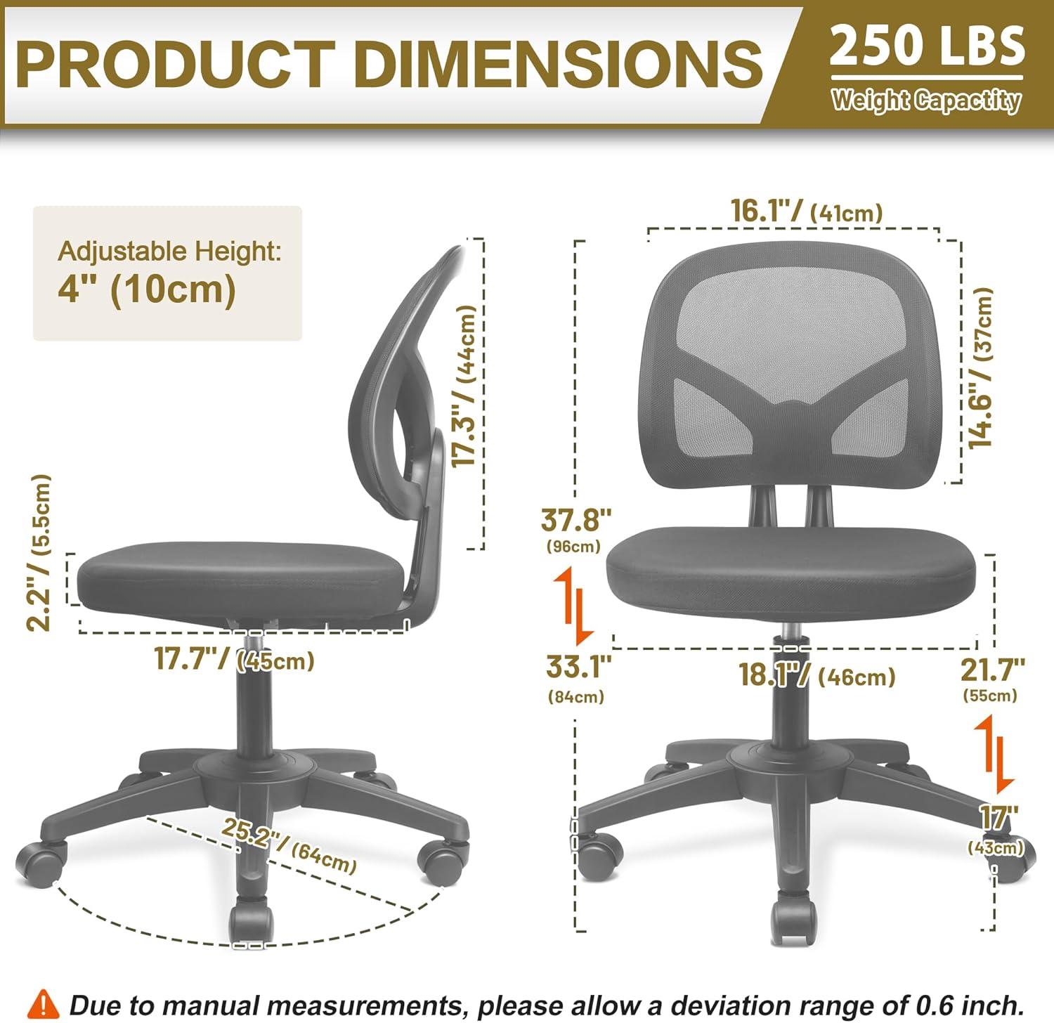 Mesh Office Chair Ergonomic Small Desk Chair No Arms Black Swivel Computer Chair with Wheels Task Chair for Small Spaces Mid Back Home Office Chair for Adults and Kids