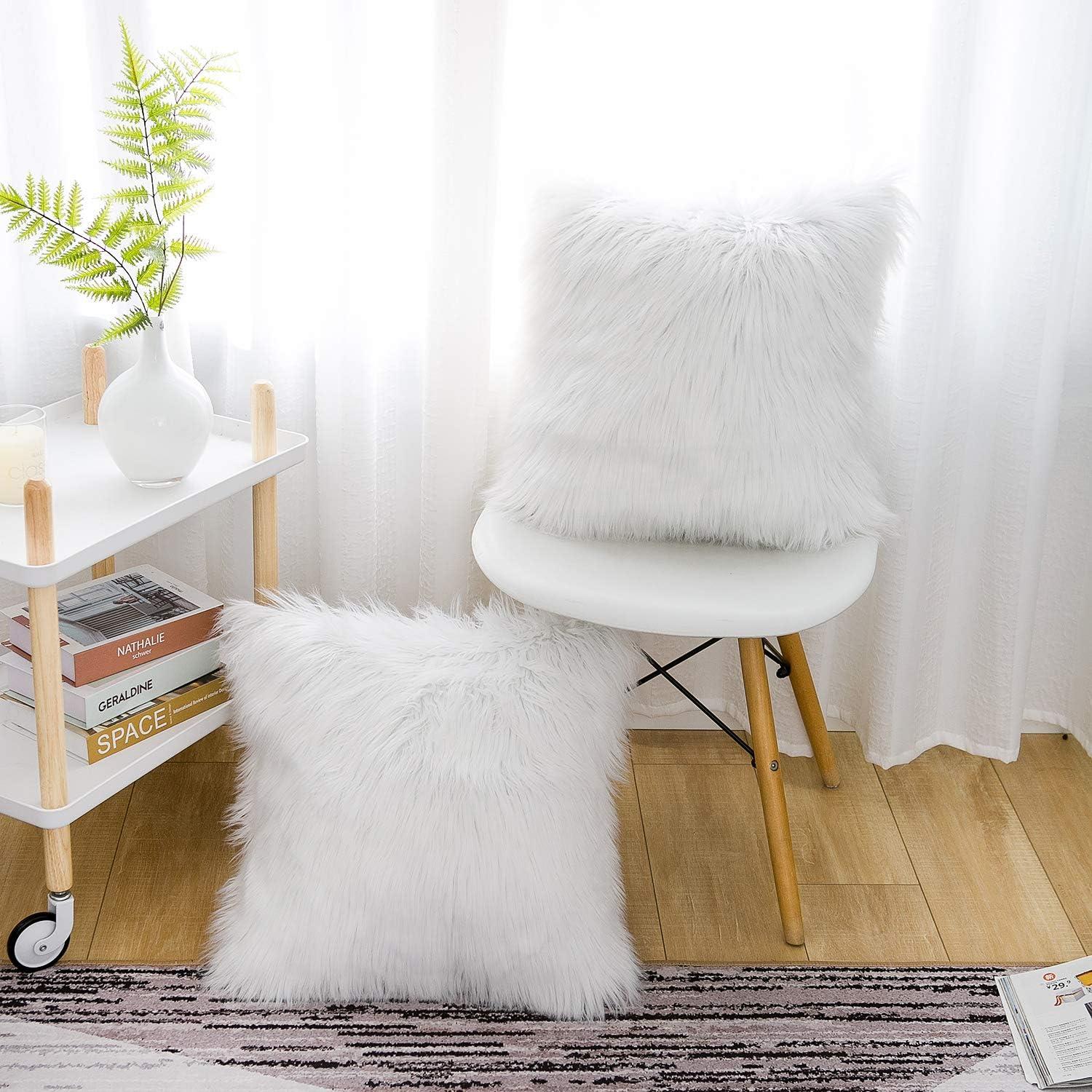 Fluffy White Faux Fur Pillow Covers   Set of 2, Cozy and Soft, 18x18 Inch, Invisible Zipper