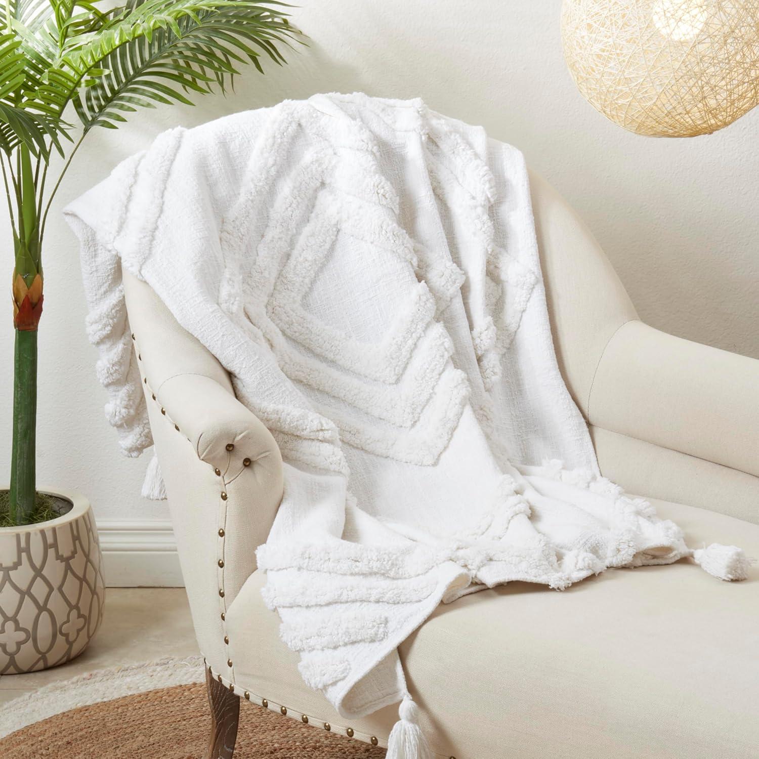 White Cotton Textured Tufted Throw with Tassels