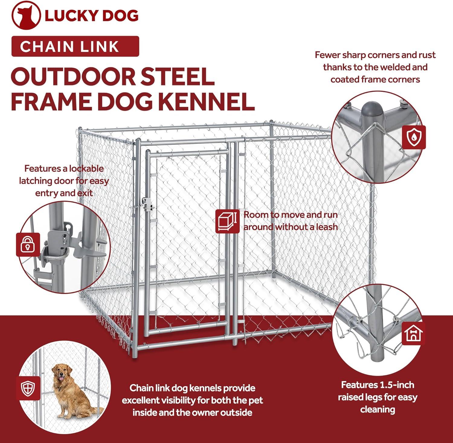 Lucky Dog Adjustable Heavy Duty Outdoor Galvanized Steel Chain Link Dog Kennel Enclosure with Latching Door, and Raised Legs