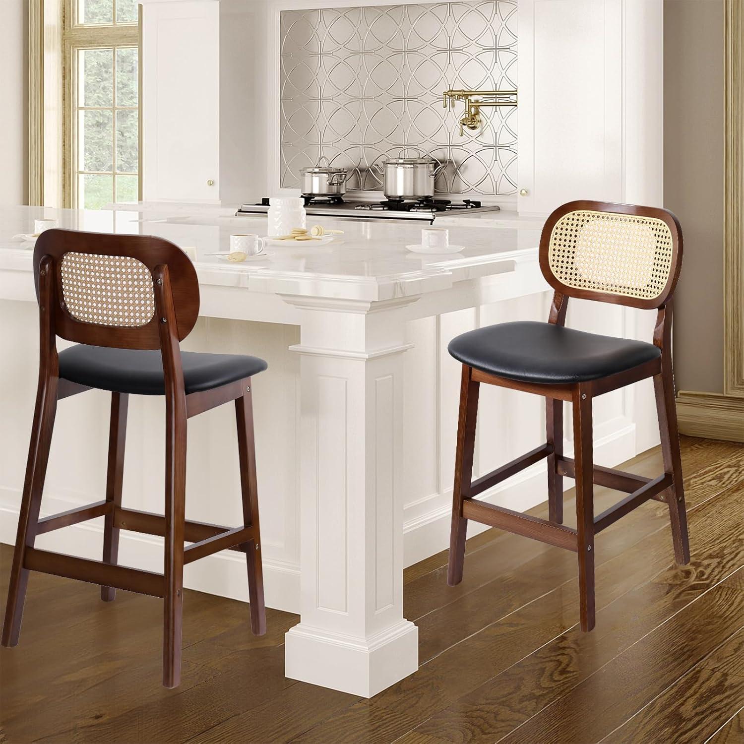 Lucky Monet Wood Upholstered Counter Height Bar Stools with Rattan Back - 36.81"H x 17.72"W x 18.7"D Set of 2 - White Faux Leather/ Brown Frame