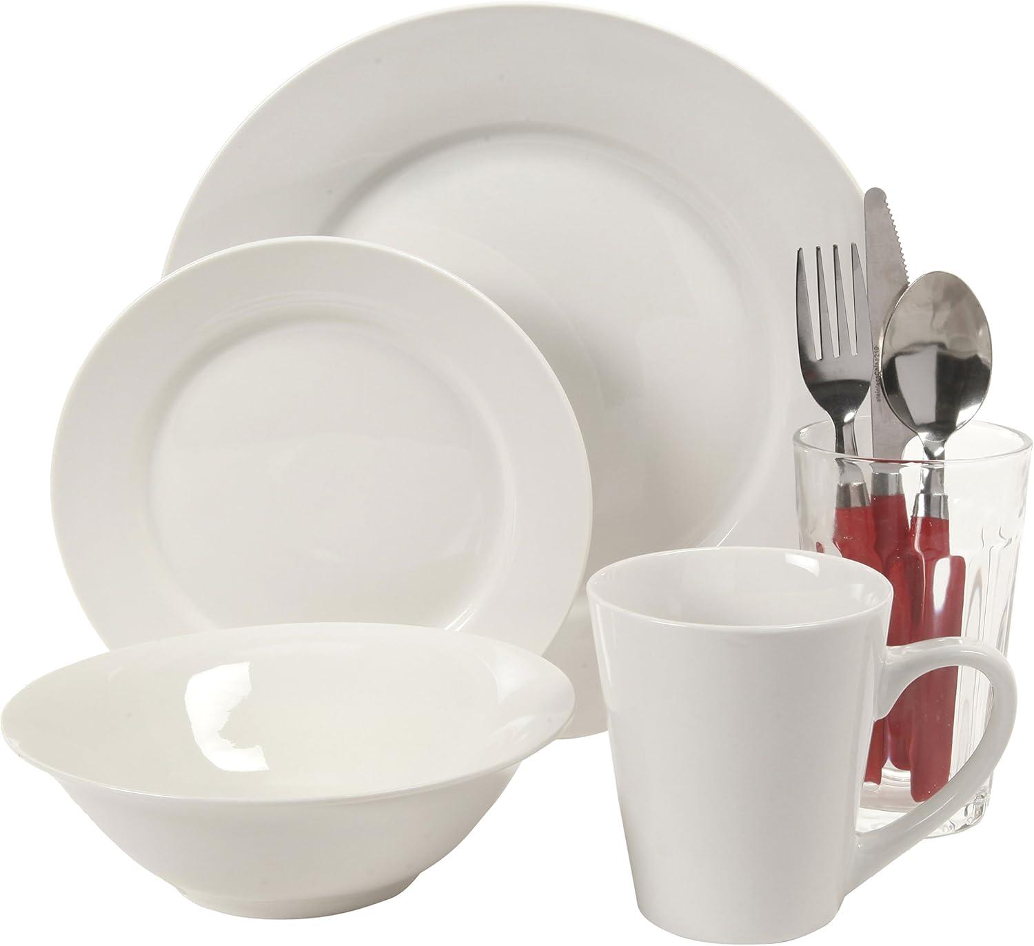 Regal White 32-Piece Porcelain Dinnerware Set with Red Handle Utensils