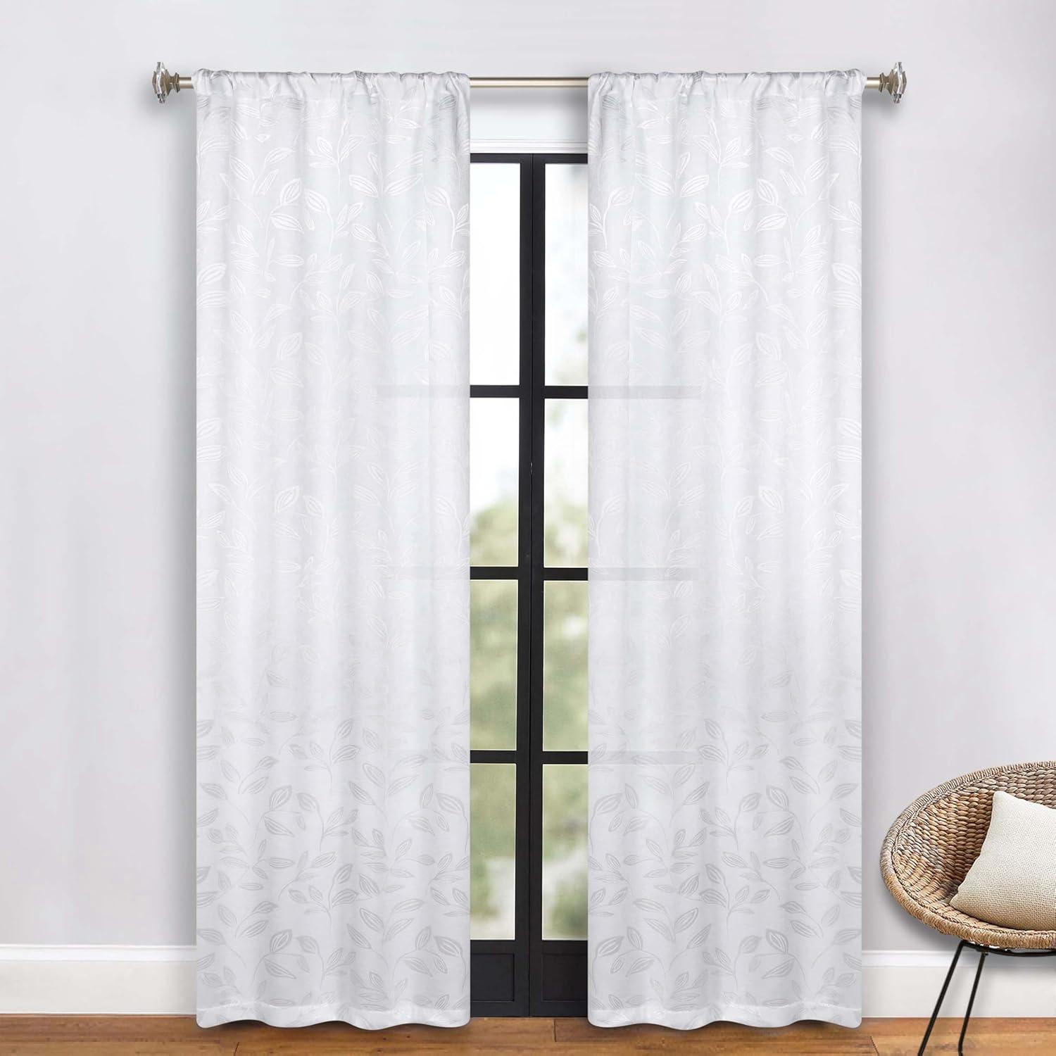 White Polyester Leaves Blackout Curtains, 26" x 84", Set of 2