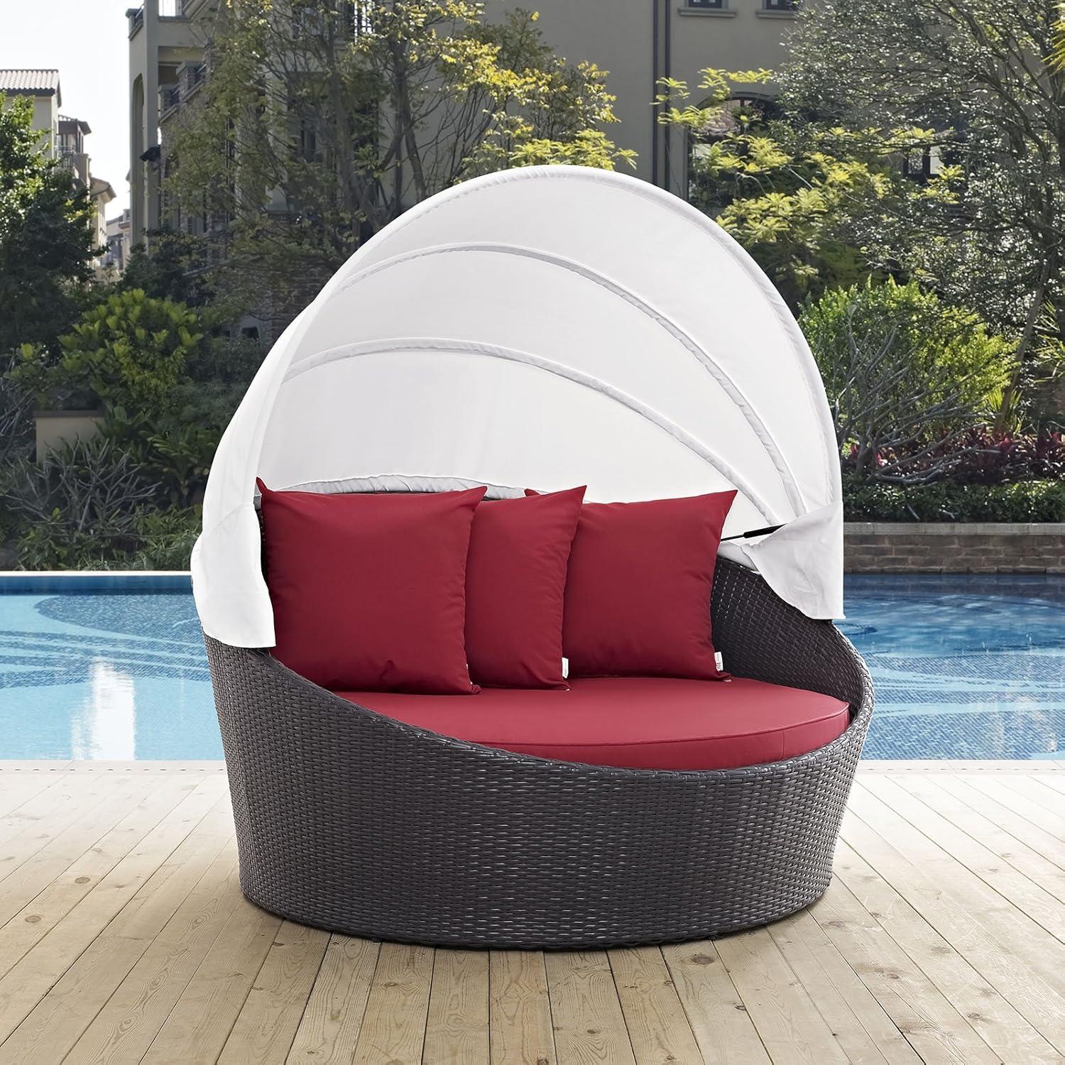 Espresso and Red Wicker Rattan Outdoor Patio Daybed with Canopy