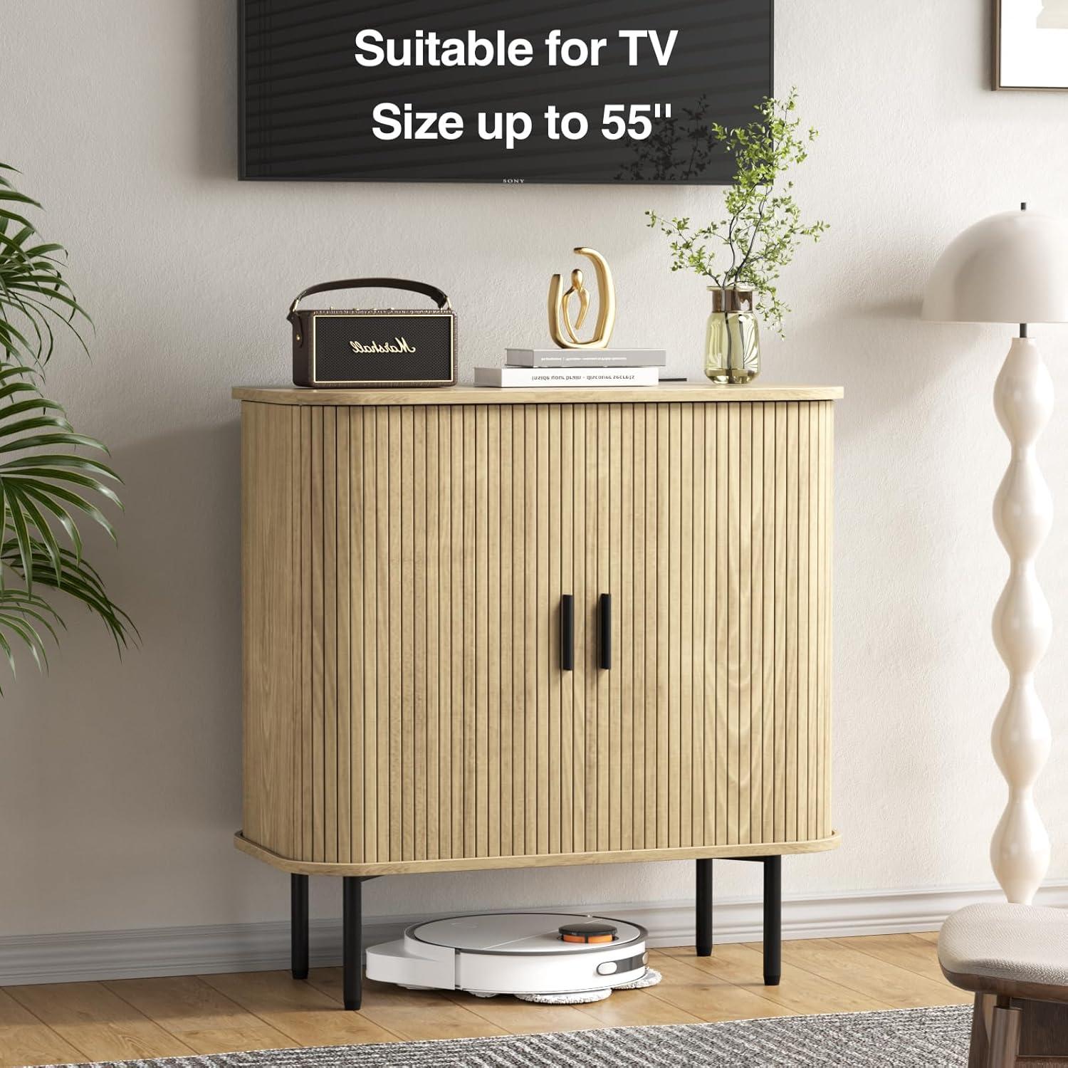 31''W Natural Buffet Sideboard Cabinet with Storage, Fluted Storage Cabinet with Curvy Edge; Sliding Door, Freestanding Accent Credenza, Console Table for Living Room, Kitchen, Hallway