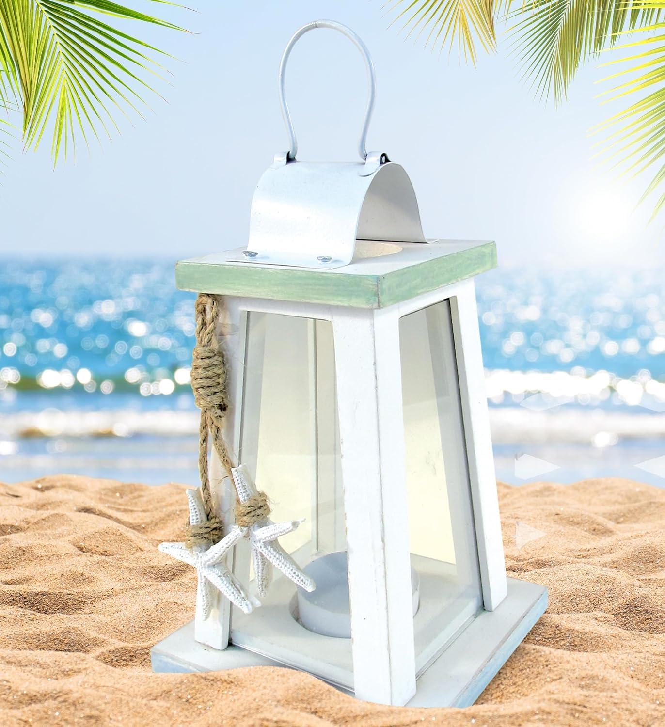 CoTa Global Ocean Breeze Nautical Wooden Lantern Candle Holder - Handmade Rustic Tealight Candle Lantern Decor Coastal Table Centerpiece, Indoor Tea Candle Lantern Beach Decorations for Home