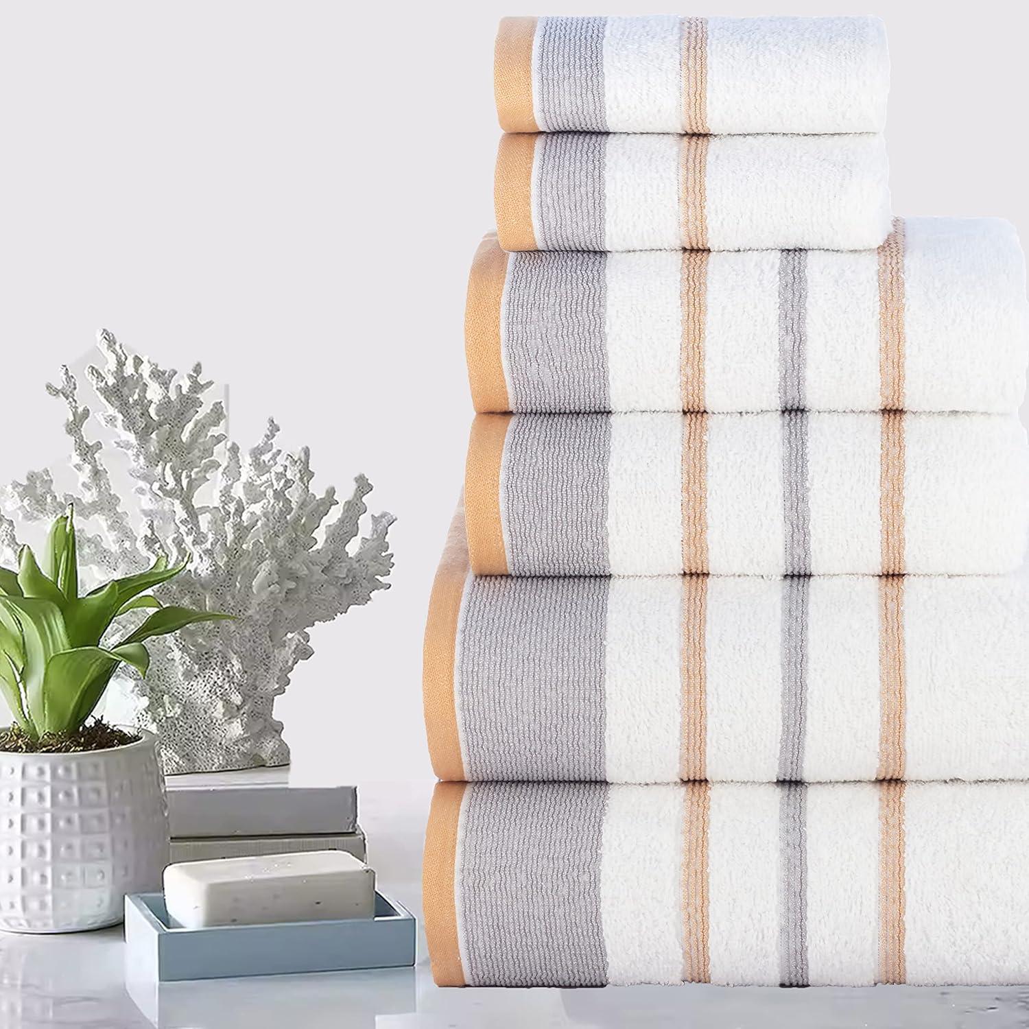 Casa Copenhagen White Bay, 6 Pieces Towel Set- White with Grey and Beige Border, 600 GSM, 2Bath, 2Hands, 2Washcloths Egyptian Cotton Towel for Hotel Spa Kitchen Bathroom Kitchen & Shower