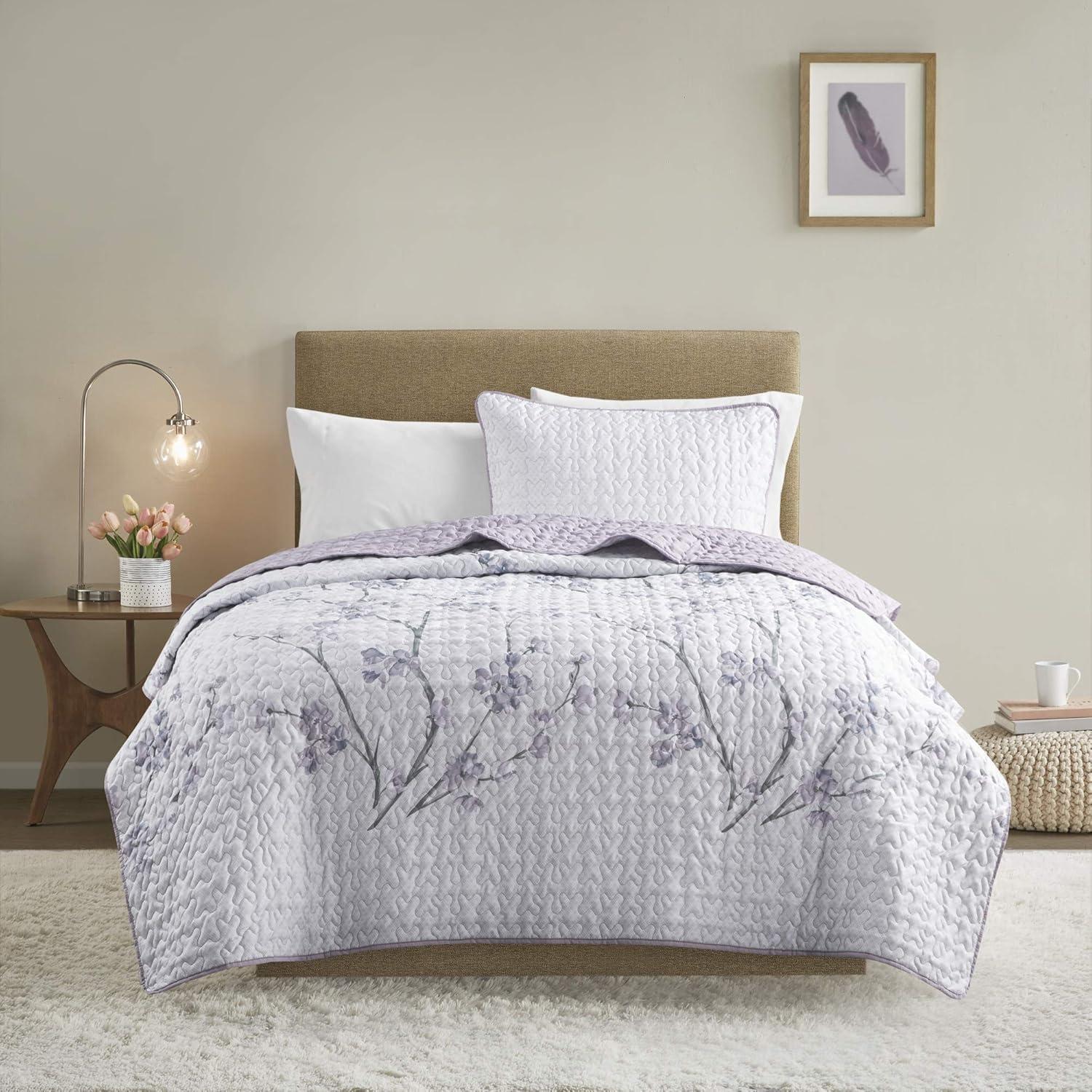 Comfort Spaces Reversible Twin/TwinXL Quilt Set Gray/Purple Lightweight Microfiber Vermicelli Stitching Bedspread, 2pcs